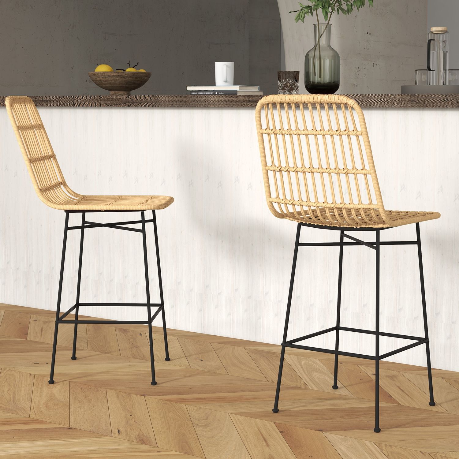 Barstole Sæt med 2 Barstole Bænkstol Ryglæn Pe Rattan Boho Design Køkkenstole Stålgul