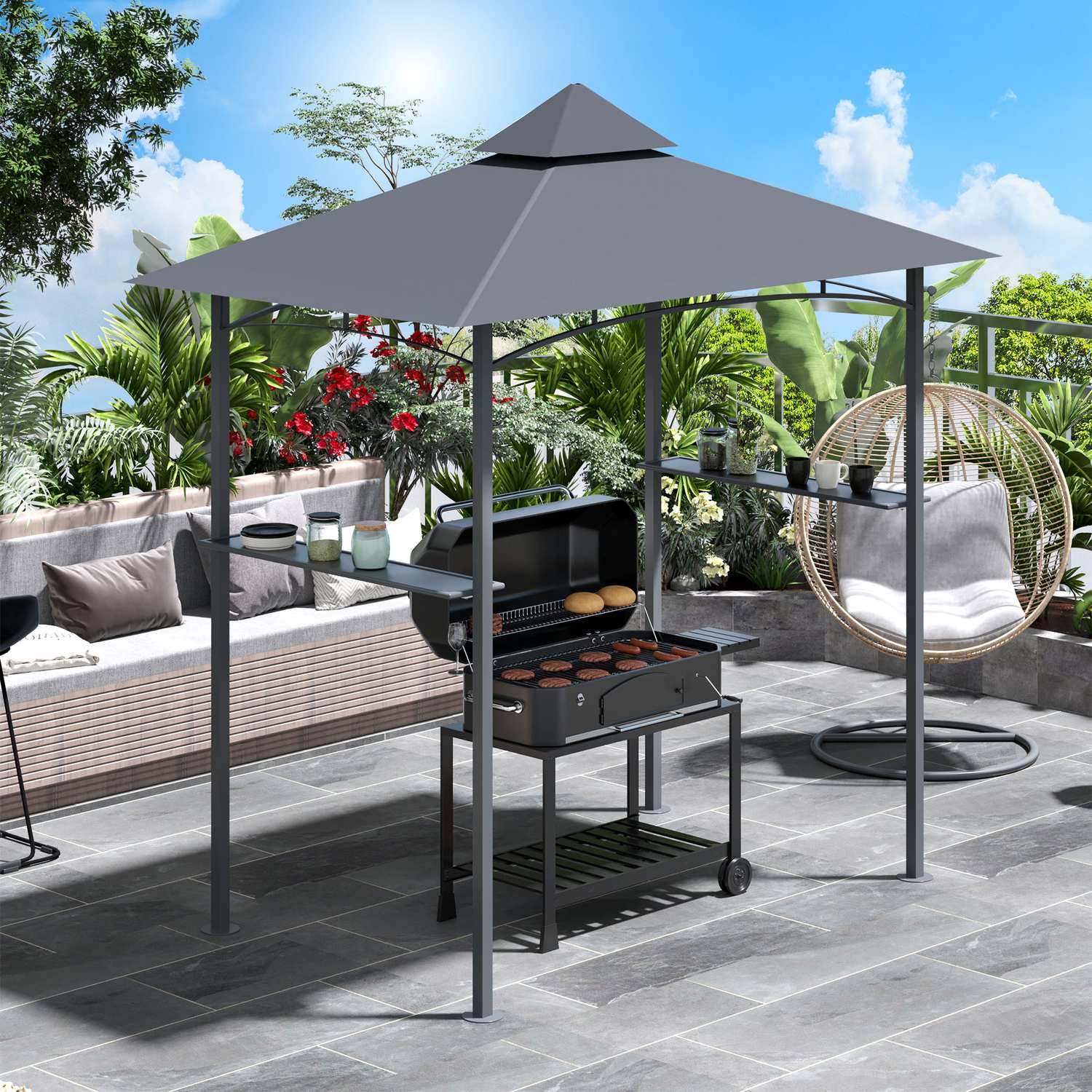 Barbecue Gazebo Robust Trädgårdstält Med Flamskyddande Dubbeltak, Perfekt För Balkong, Grå, 245X148X252Cm