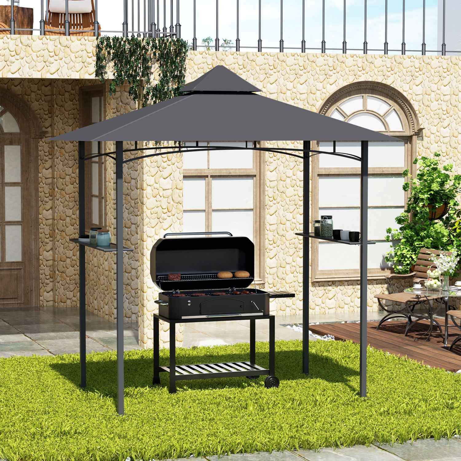 Barbecue Gazebo Robust Trädgårdstält Med Flamskyddande Dubbeltak, Perfekt För Balkong, Grå, 245X148X252Cm