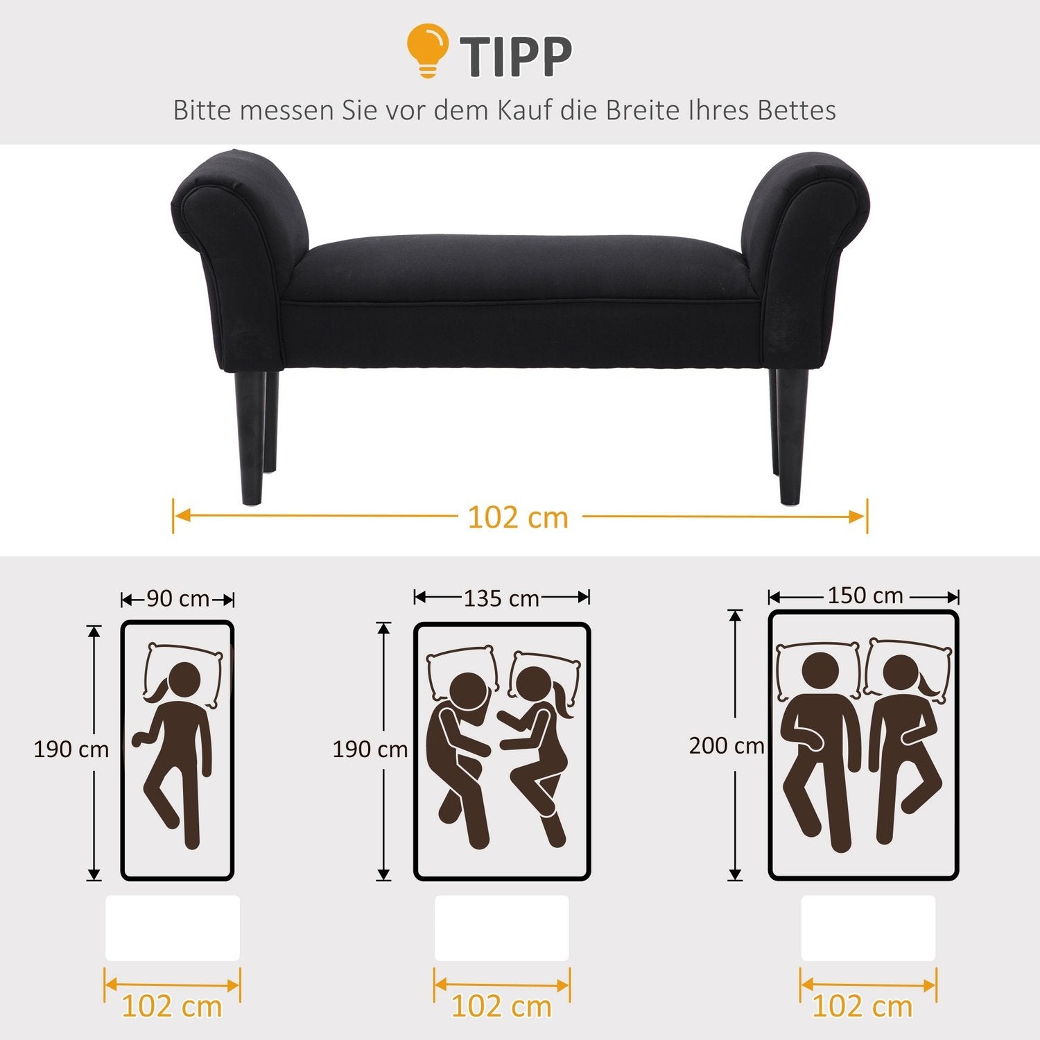 Bänk För Sovrum Sängbänk, Stoppad Bänk I Svart, Mdf & Skum, 102X31X51Cm