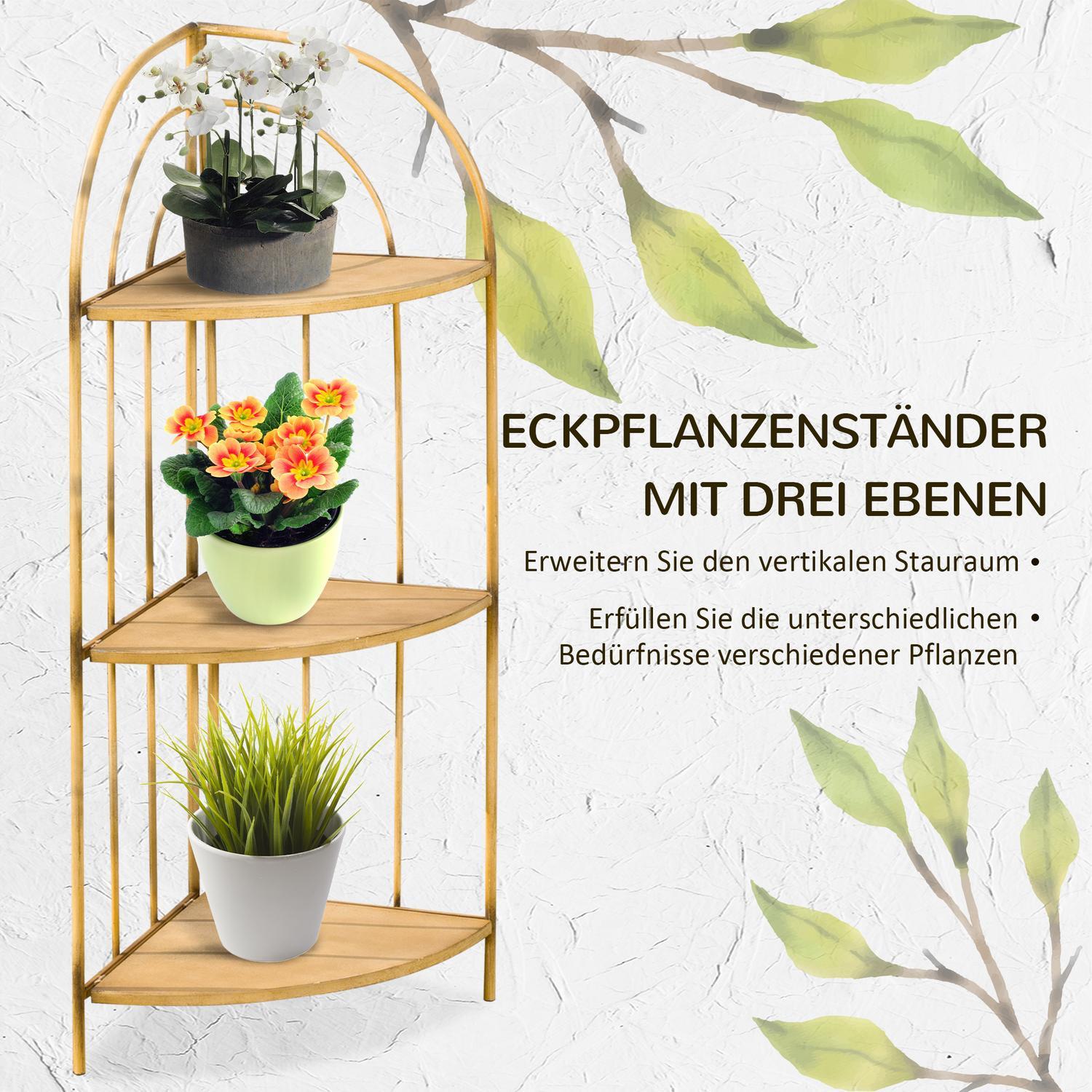 Blomsterhylde, sammenfoldelig plantestativ med 3 etager, plantehjørnetrappe, plantehylde, blomsterstativ, metal, brun, 36,5 x 36,5 x 108 cm