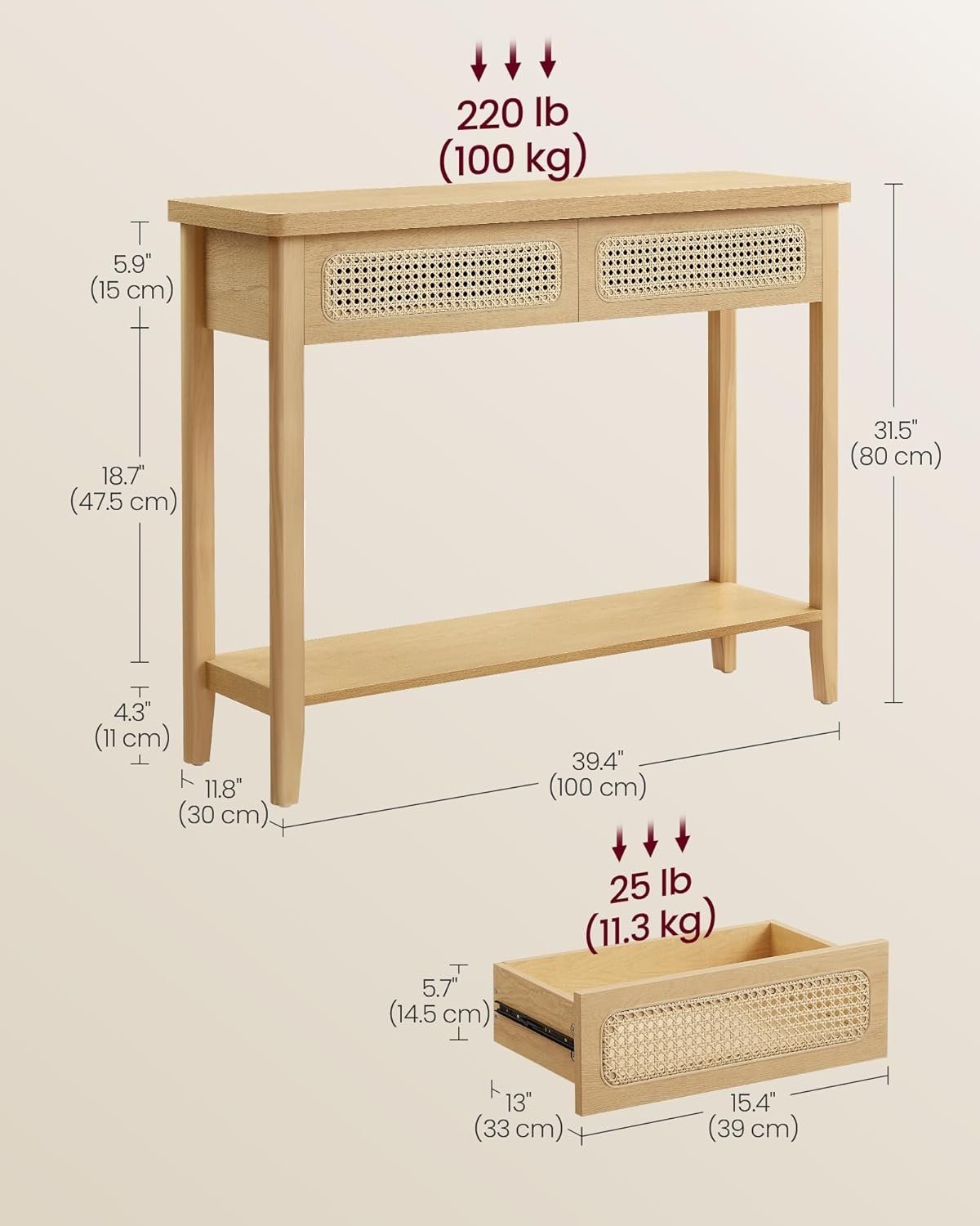 Boho konsolbord med rattanskuffer og åben hylde