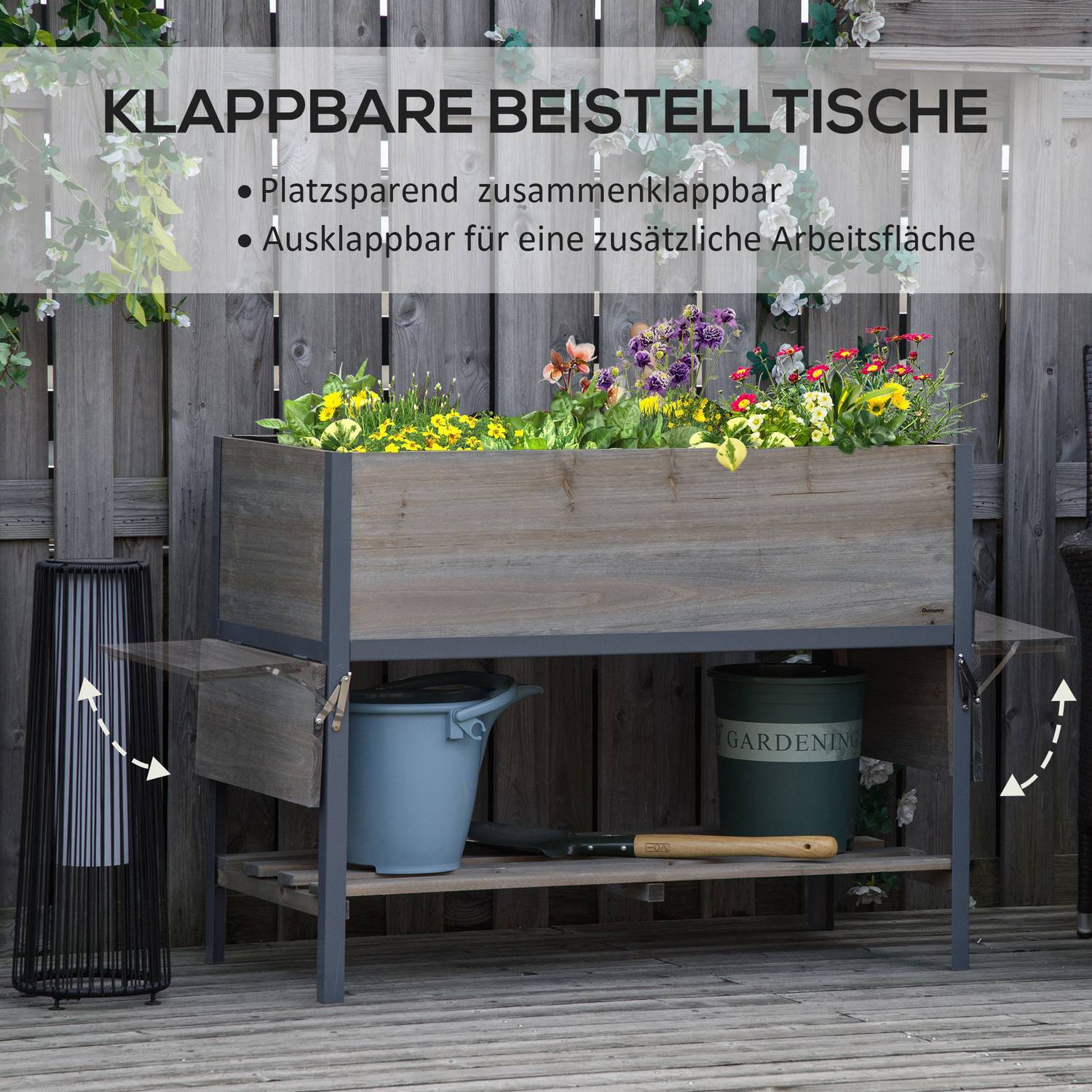 Køb Højbed urtepotte plantekasse med 2 sammenfoldelige hylder Bundhylde Massivt træ Lysegrå 140 X 46 X 75,5 Cm