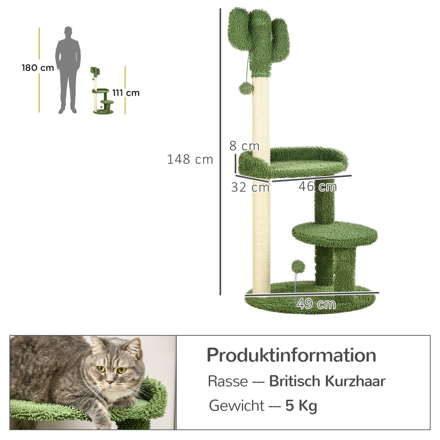 Kradsestolpe 111 cm Kattekradsestolpe med 2 niveauer og legebold, til katte op til 10 kg, sisal, grøn