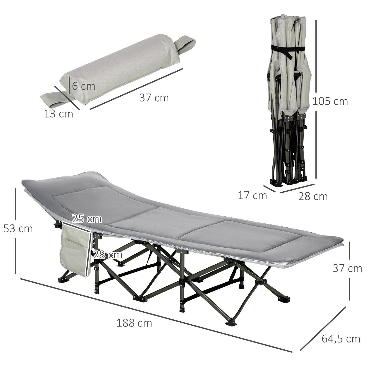 Campingseng, teltseng, klapseng med pude, sidelomme, madras, lys grå, op til 150 kg