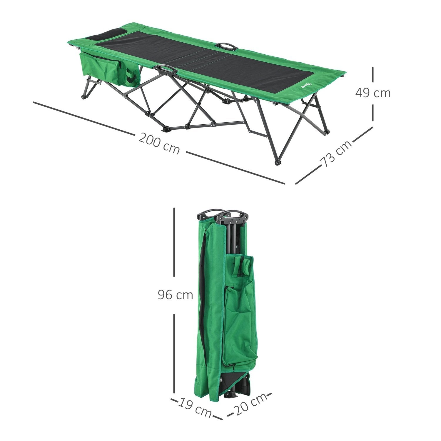 Campingseng, teltseng, klapseng med sidelomme, drikkevareholder, bæreevne op til 136 kg, stål Oxford grøn + sort, 200 X 73 X 49 Cm