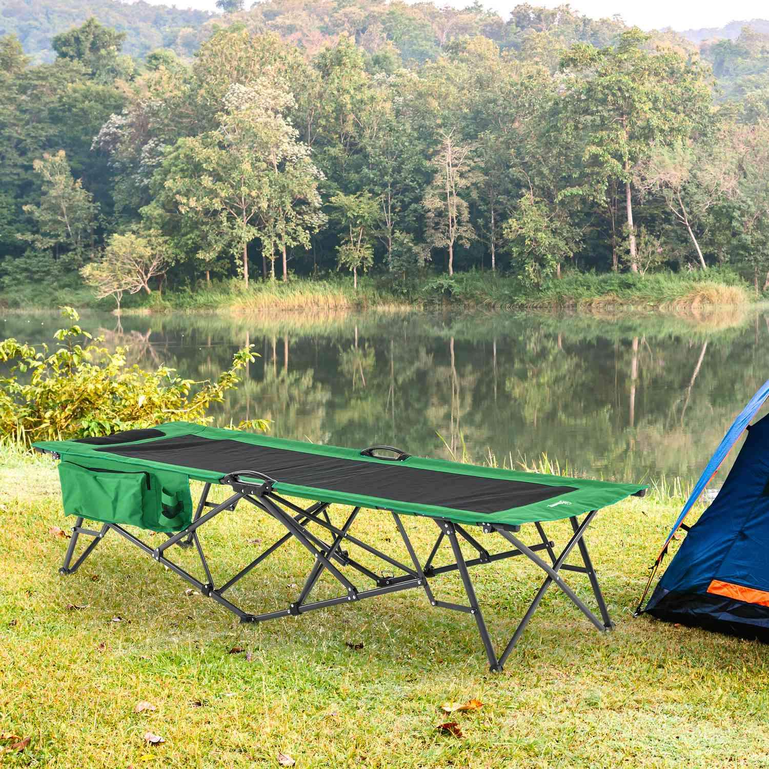 Campingseng, teltseng, klapseng med sidelomme, drikkevareholder, bæreevne op til 136 kg, stål Oxford grøn + sort, 200 X 73 X 49 Cm