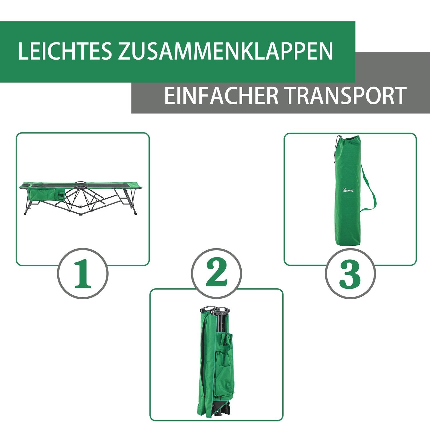 Campingseng, teltseng, klapseng med sidelomme, drikkevareholder, bæreevne op til 136 kg, stål Oxford grøn + sort, 200 X 73 X 49 Cm