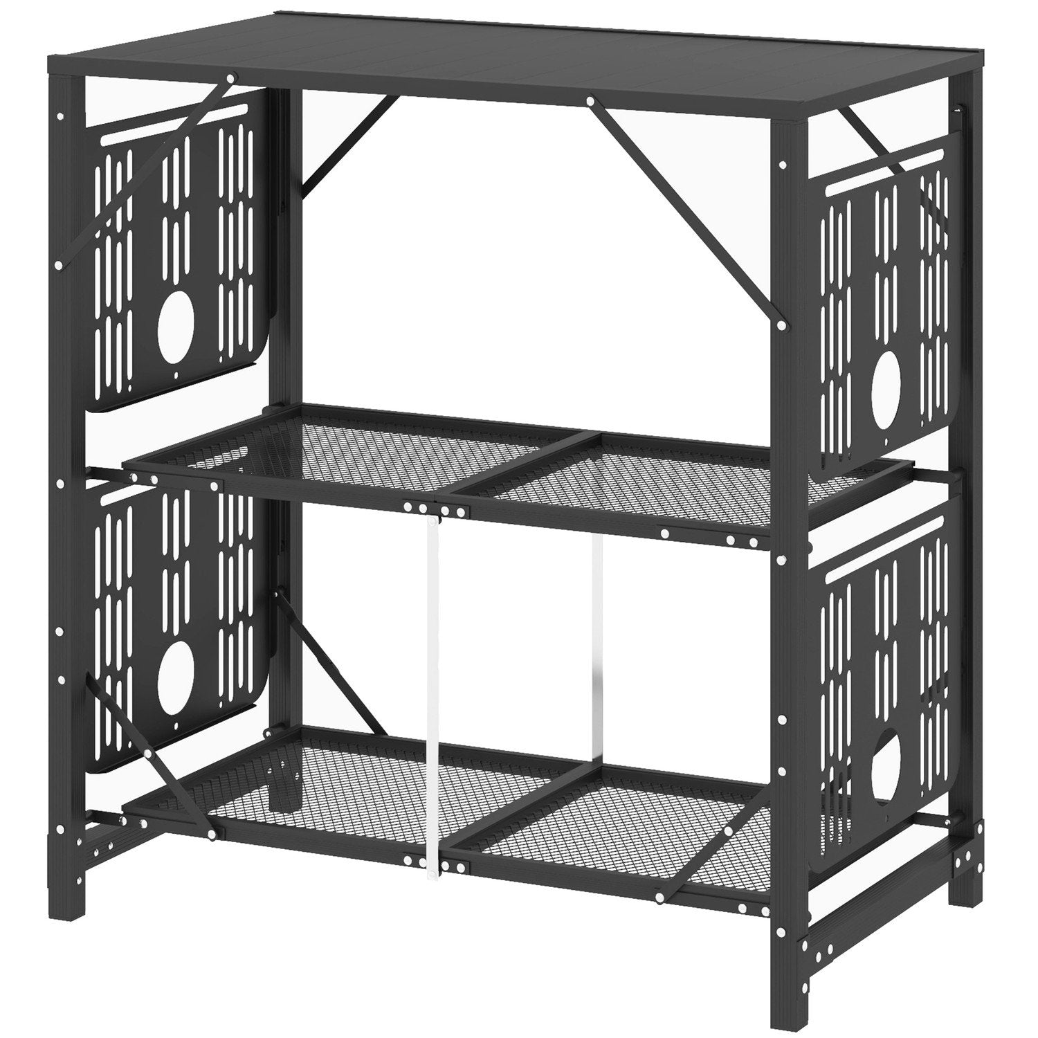 Campingbord Folde campingkøkkenbord med 2 hylder 4 sideborde Picnicbord med krusholdertaske til grill metal sort