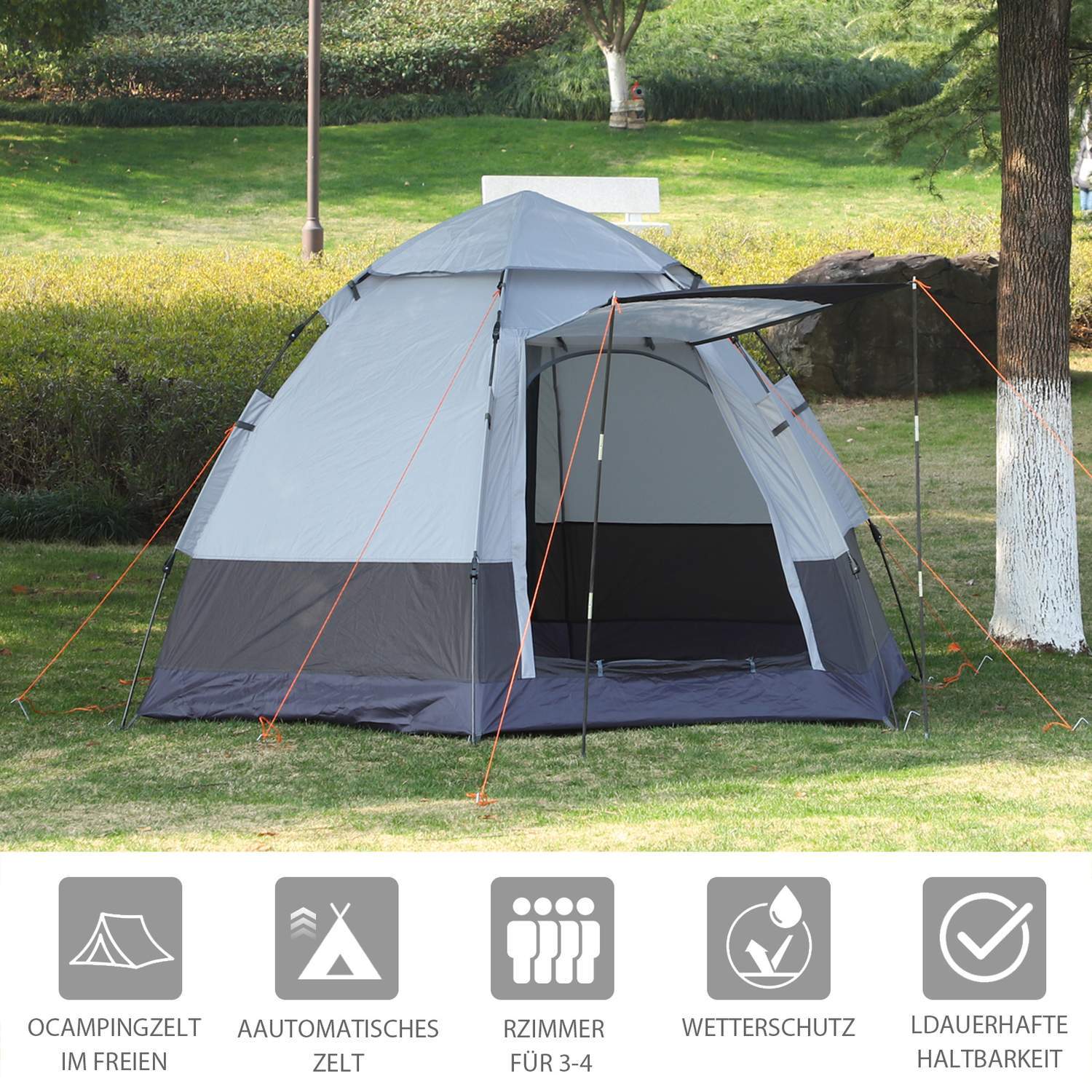 Campingtelt 3-4 personers telt Familietelt Kuppeltelt 210T Pu 3000Mm Nem montering Stålfiber Grå+Sort 240 X 240 X 195 Cm