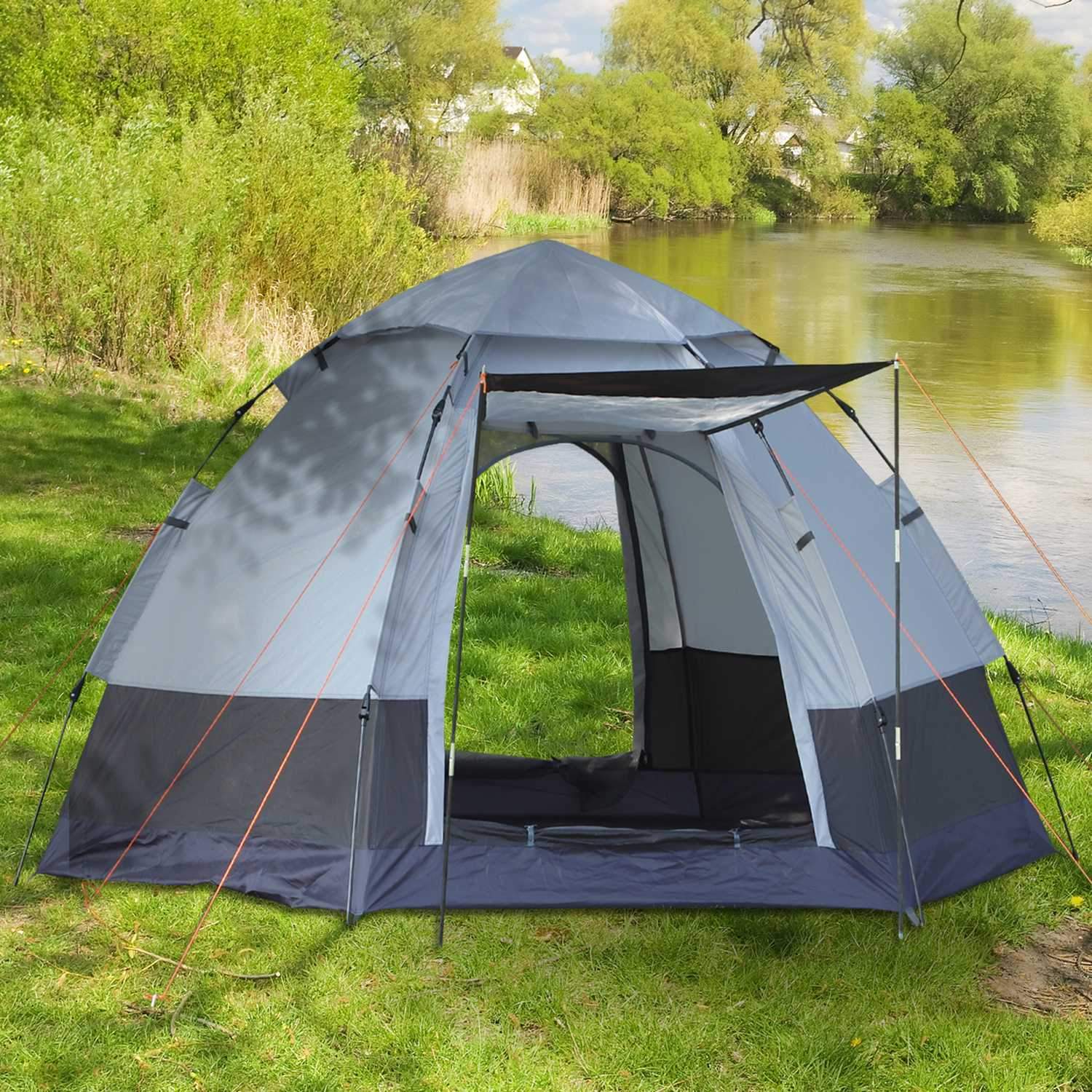 Campingtelt 3-4 personers telt Familietelt Kuppeltelt 210T Pu 3000Mm Nem montering Stålfiber Grå+Sort 240 X 240 X 195 Cm