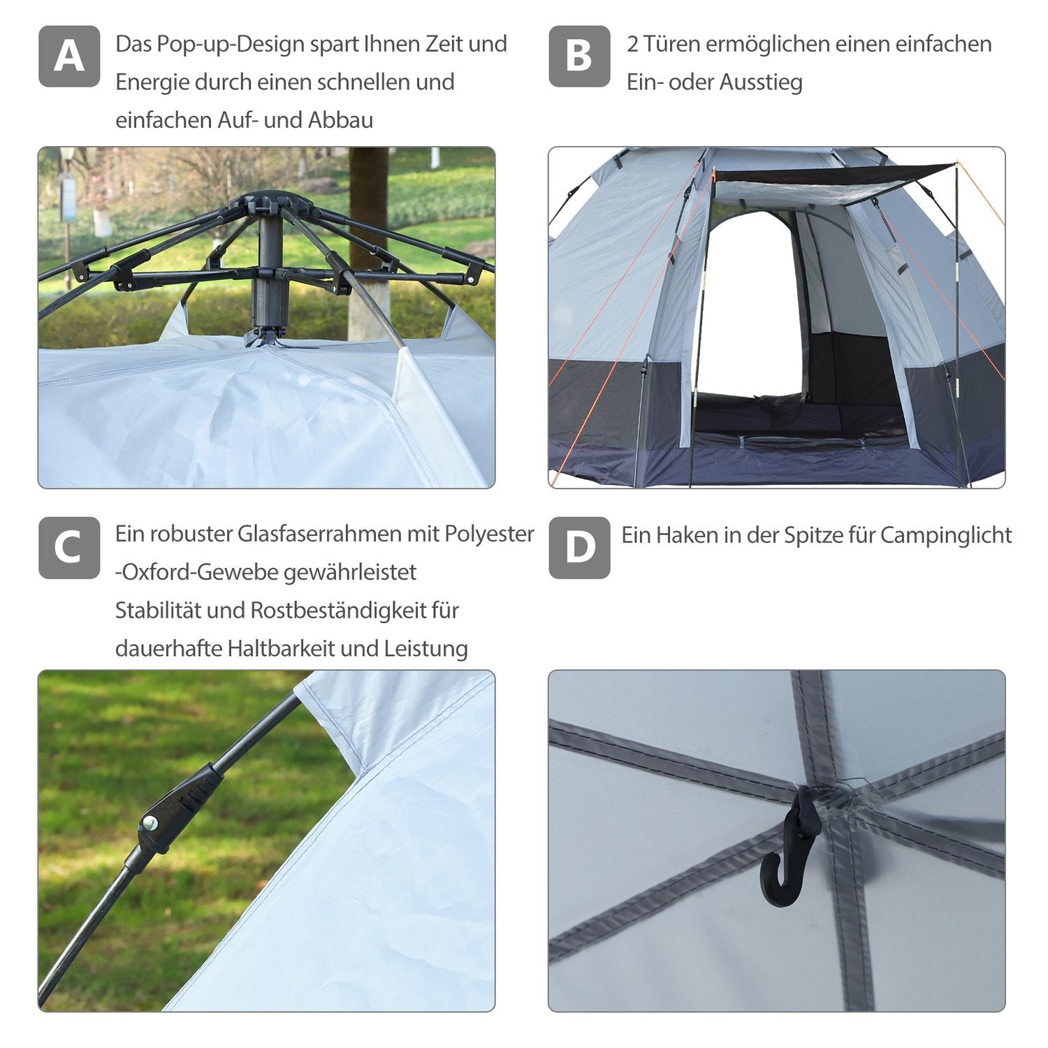 Campingtelt 3-4 personers telt Familietelt Kuppeltelt 210T Pu 3000Mm Nem montering Stålfiber Grå+Sort 240 X 240 X 195 Cm