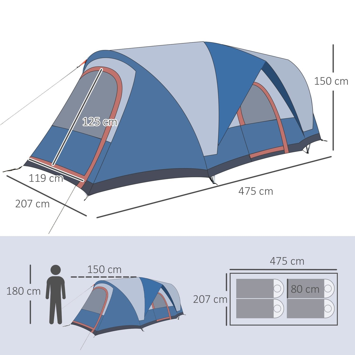 Campingtält 4-Personers Tunneltält, Uv-Skydd, Bärväska, 2000 Mm Vattenpelare, 2 Rum, Blå + Vit