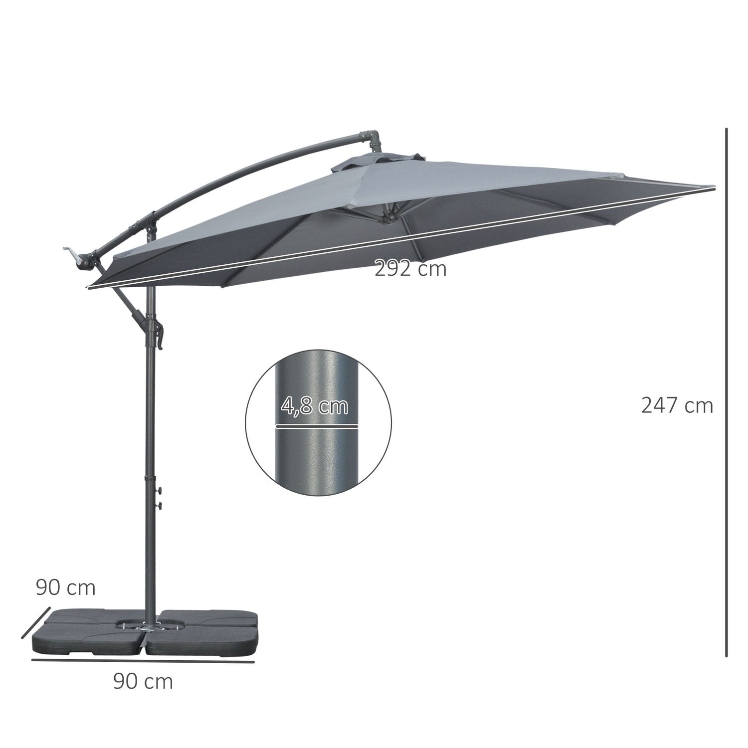 Cantilever Paraply, Ø2,92 M Parasol Med Håndsving, Vægte, Haveparaply Med Paraply Cover, Cross Base, Stål, Oxford Dark Grey