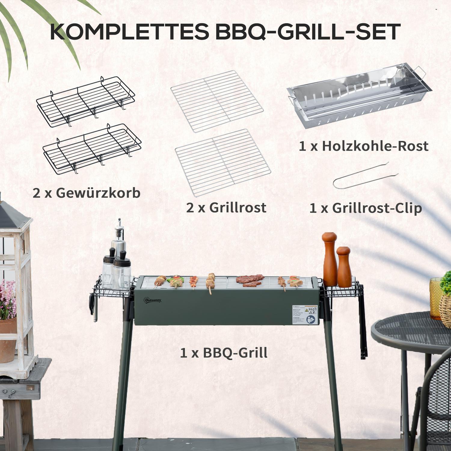 Kulgrill campinggrill med grillrist, grillristklemme, sidekurve, rustfrit stål + galvaniseret metal, mørkegrøn