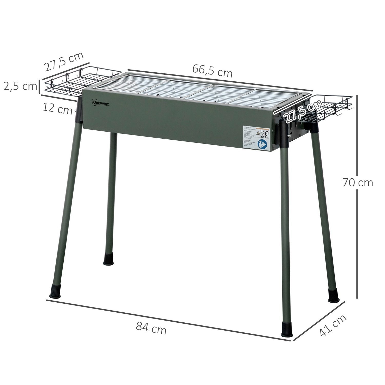 Kulgrill campinggrill med grillrist, grillristklemme, sidekurve, rustfrit stål + galvaniseret metal, mørkegrøn