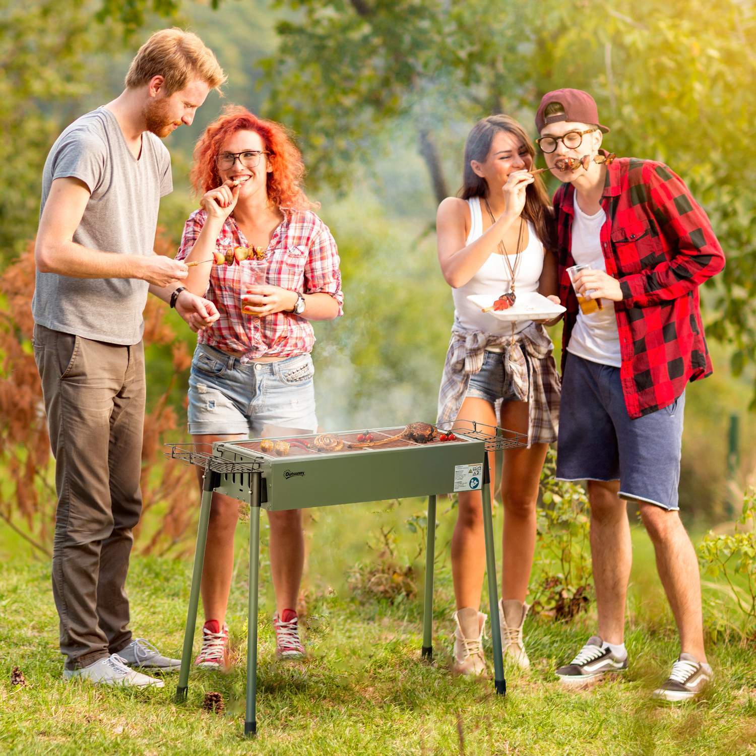 Kulgrill campinggrill med grillrist, grillristklemme, sidekurve, rustfrit stål + galvaniseret metal, mørkegrøn