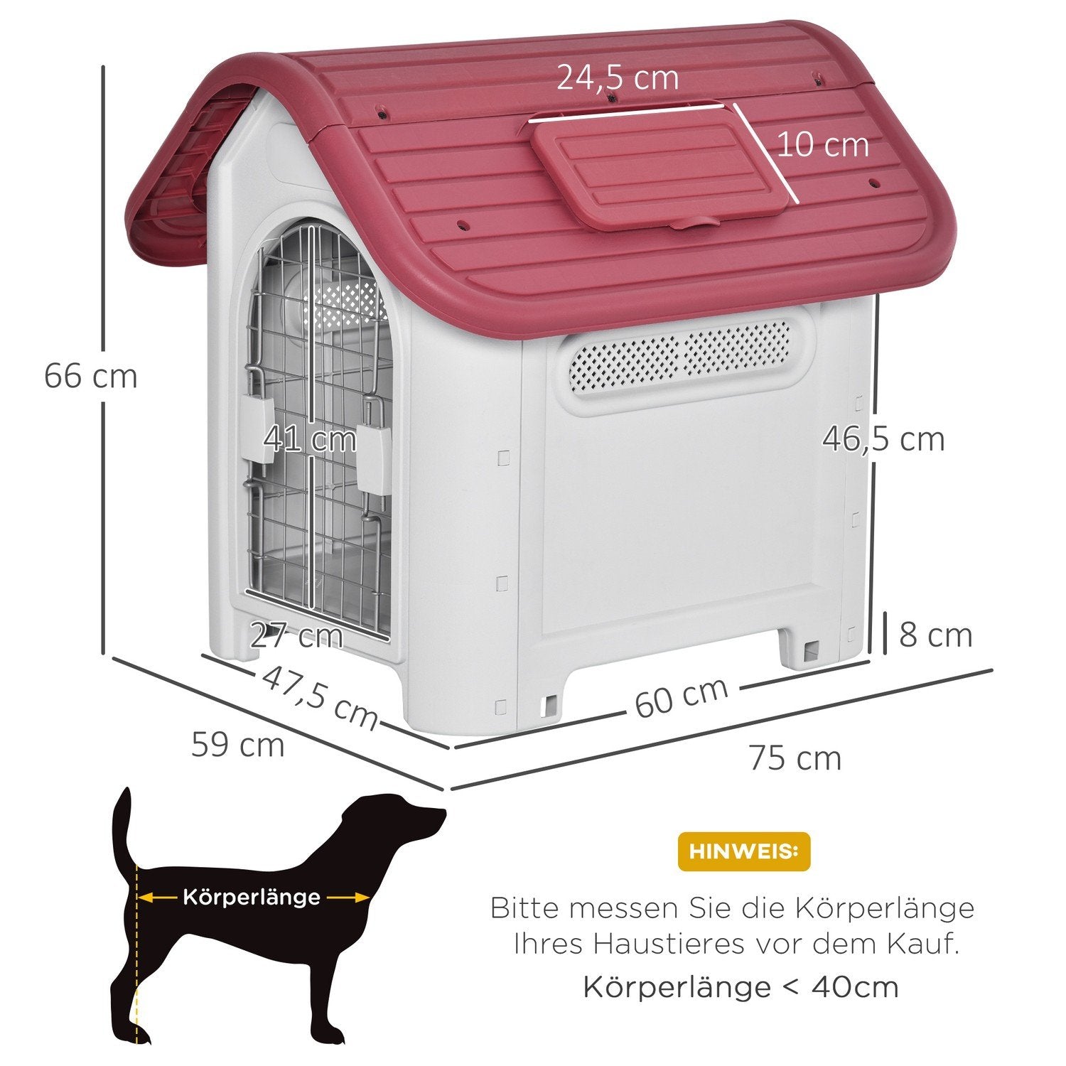 Hundekennel Udendørs Hundehus Med Soltag Portvagt Til Små Hunde Små Hundeskur Luftcirkulation Vandtæt Metal Pp Rød+Lysgrå