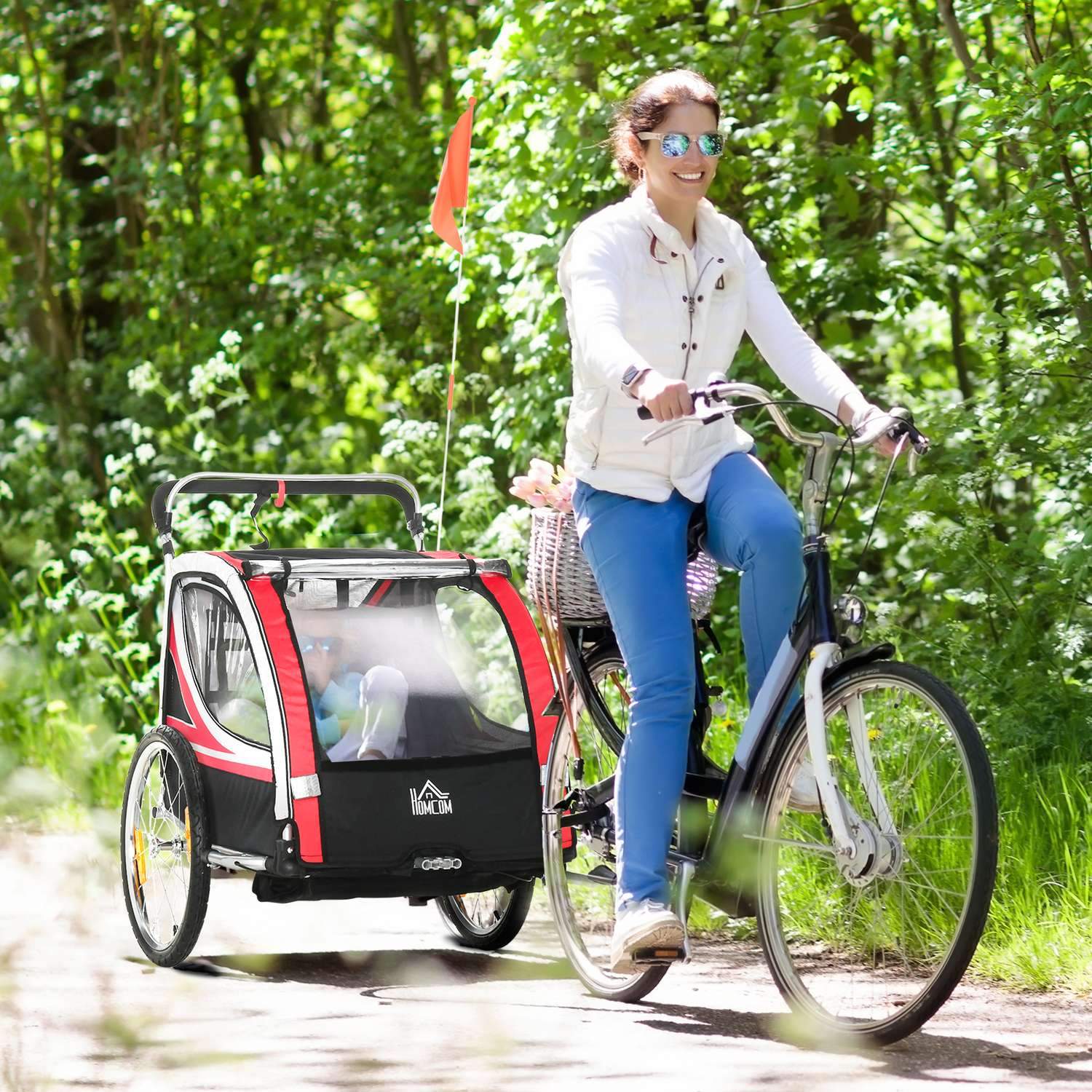 Børnecykelklapvogn 2 i 1 affjedring, netdør, 360° roterende forhjul, bremse, rød+sort, 142X75X101Cm