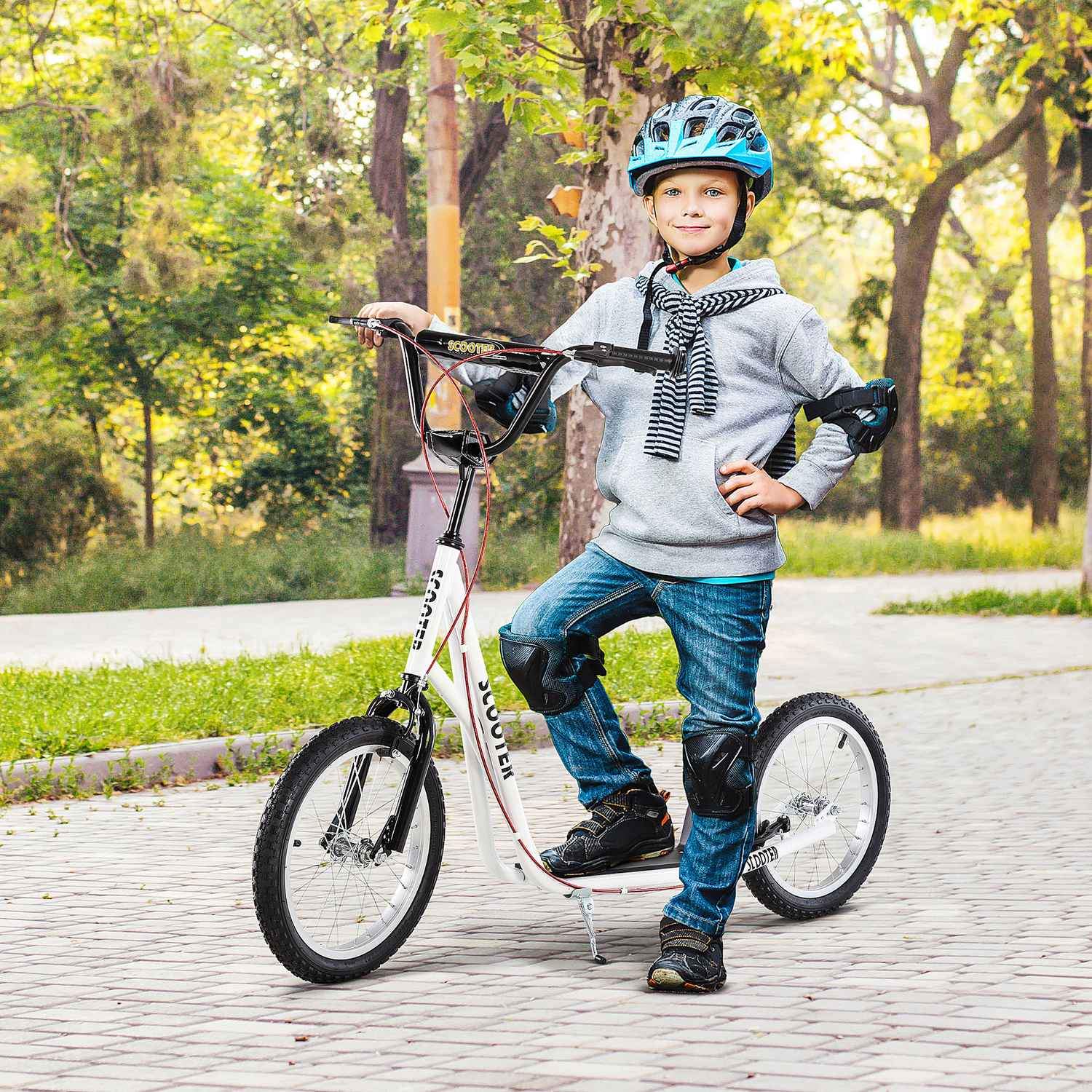 Børnescooter, City-scooter, Kick-scooter, Børne-kickboard med luftdæk og håndbremse, scooter, børn, vandtæt, foldbar fra 5 år, 16 tommer, hvid, 139 x 58 x 90-96 cm