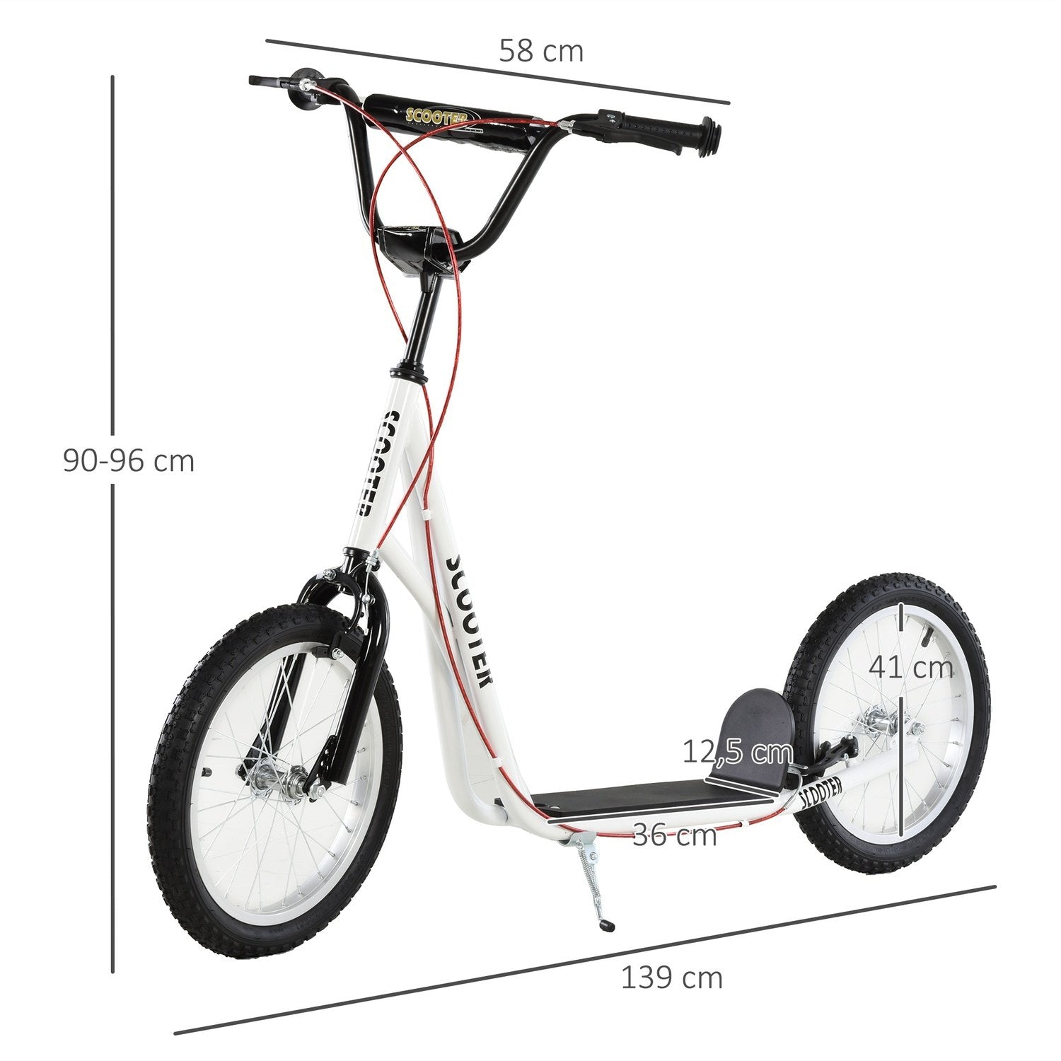 Børnescooter, City-scooter, Kick-scooter, Børne-kickboard med luftdæk og håndbremse, scooter, børn, vandtæt, foldbar fra 5 år, 16 tommer, hvid, 139 x 58 x 90-96 cm