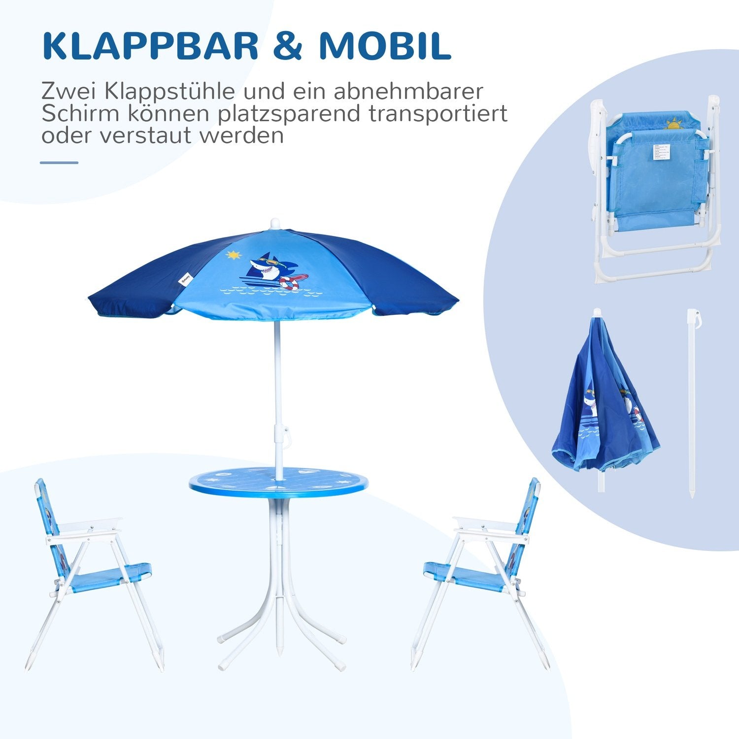 Børnesiddegruppe, Campingsæt, Havebord, 2 Klapstole, Parasol, 3-6 år, Blå