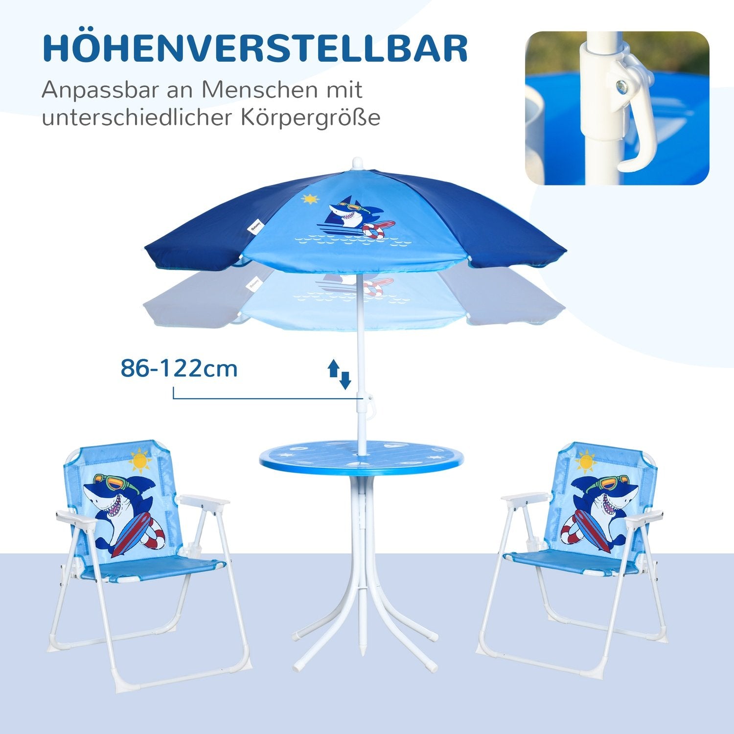 Børnesiddegruppe, Campingsæt, Havebord, 2 Klapstole, Parasol, 3-6 år, Blå