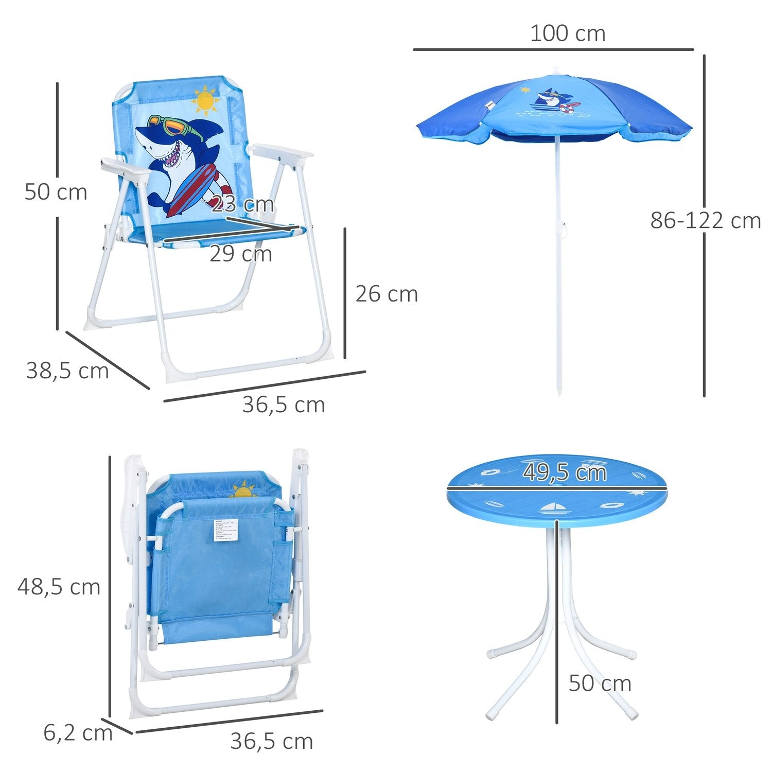 Børnesiddegruppe, Campingsæt, Havebord, 2 Klapstole, Parasol, 3-6 år, Blå