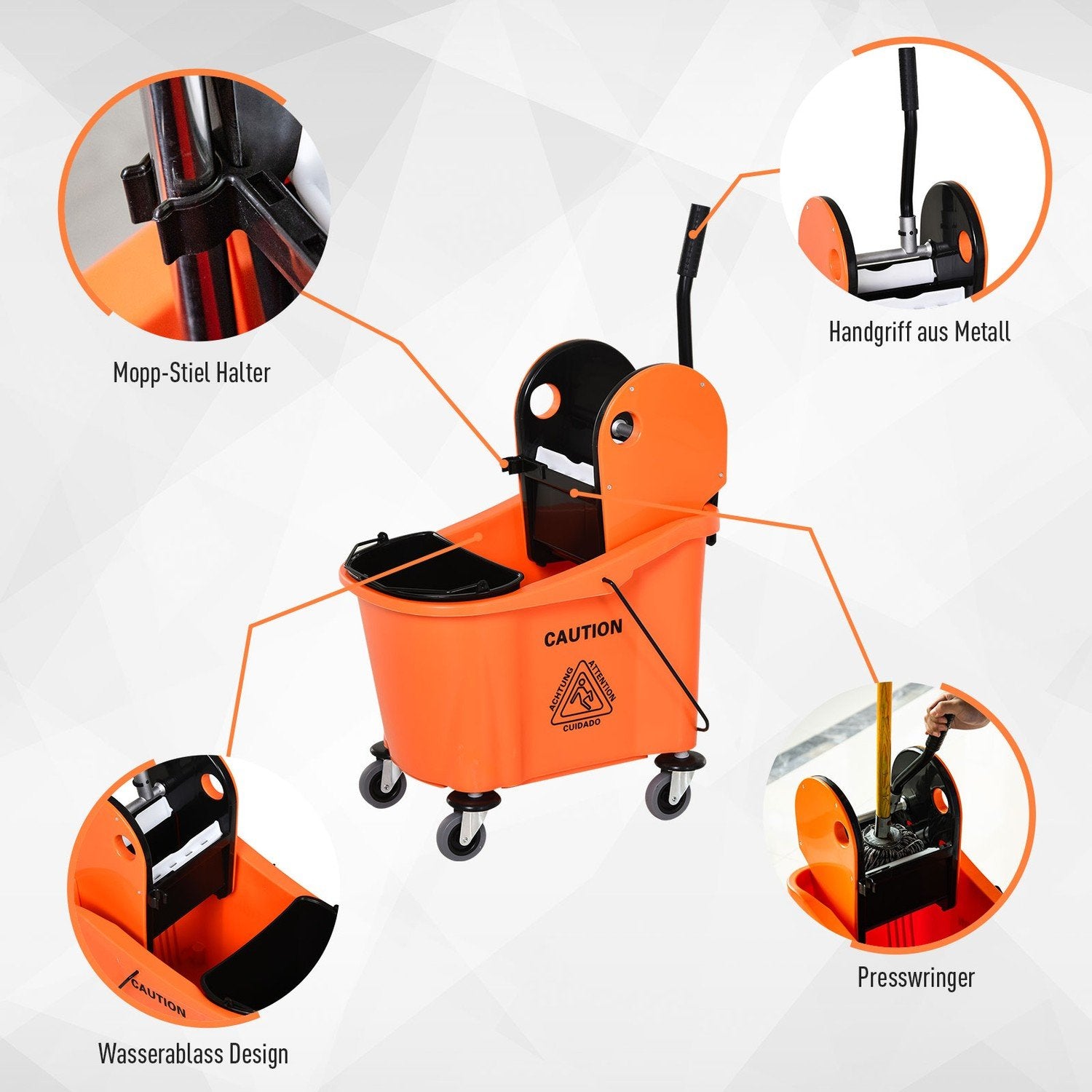 Rengøringsvogn, mobil spand med drejeled, 36 liter, sort/orange, 54X41X91,5 cm, til professionel rengøring