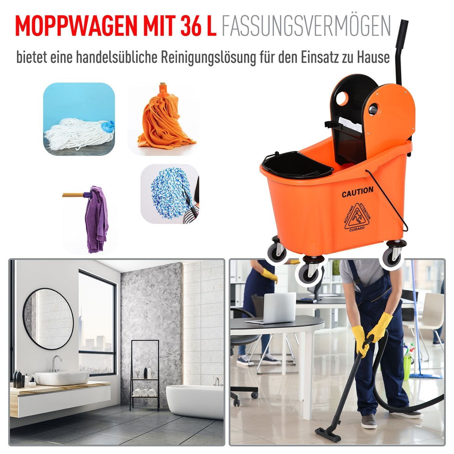 Rengøringsvogn, mobil spand med drejeled, 36 liter, sort/orange, 54X41X91,5 cm, til professionel rengøring