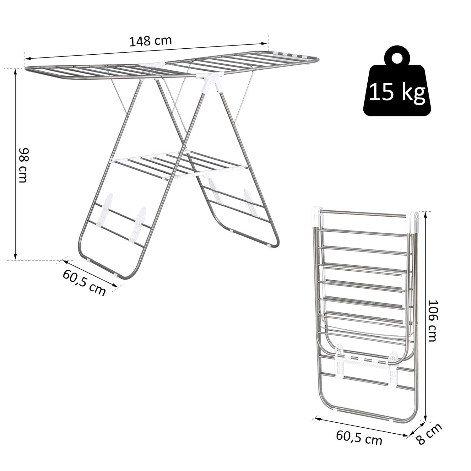 Tøj Airer Foldbar bærbar vingetørrer Teleskopstænger Rustfrit stål Plast Sølv + Hvid 146X60,5X98Cm