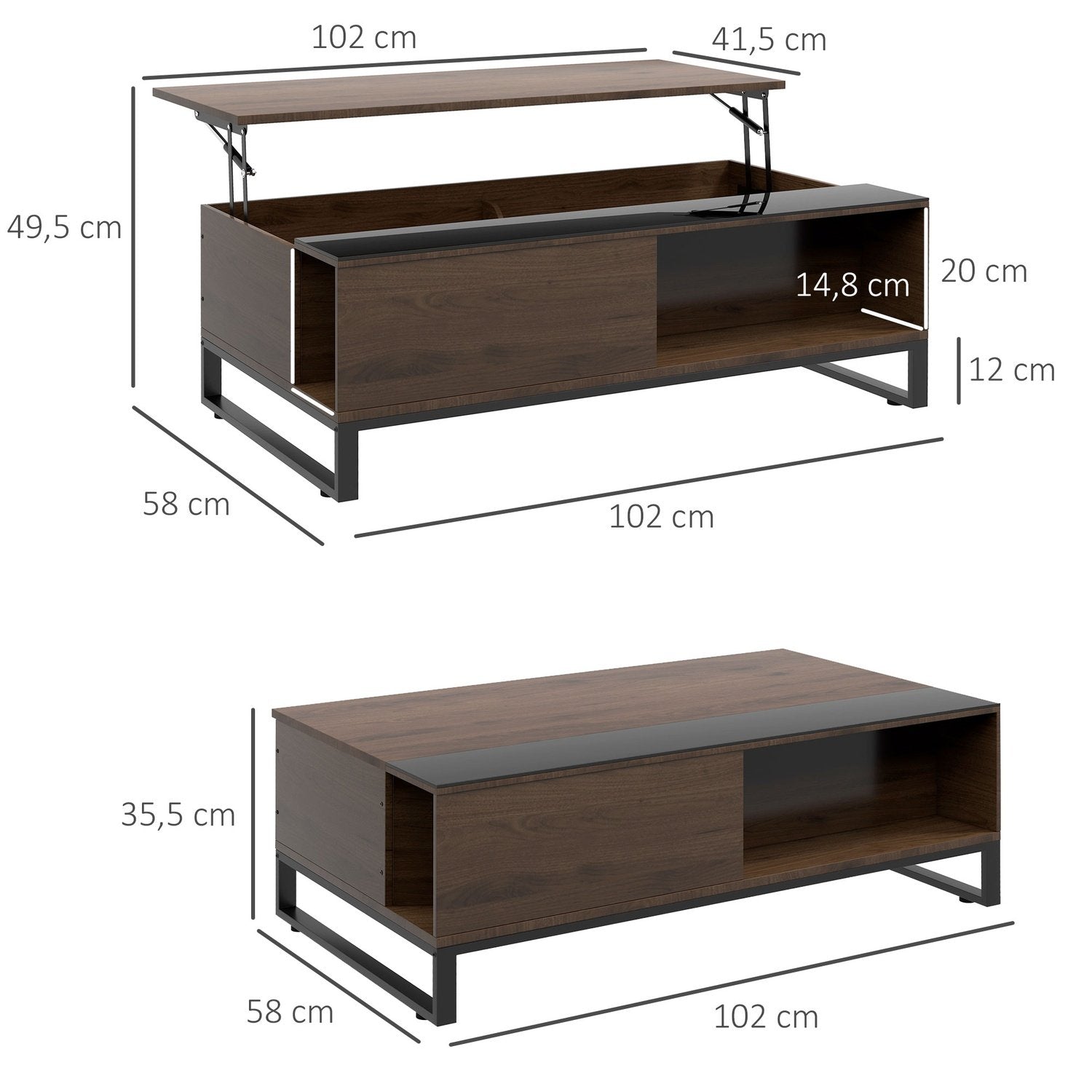 Soffbord, Sidobord Med Lyftfunktion, Soffbord Med Förvaringsutrymme, Soffbord I Modern Design, Stål, Valnöt, Svart, 102 X 58 X 35,5 Cm