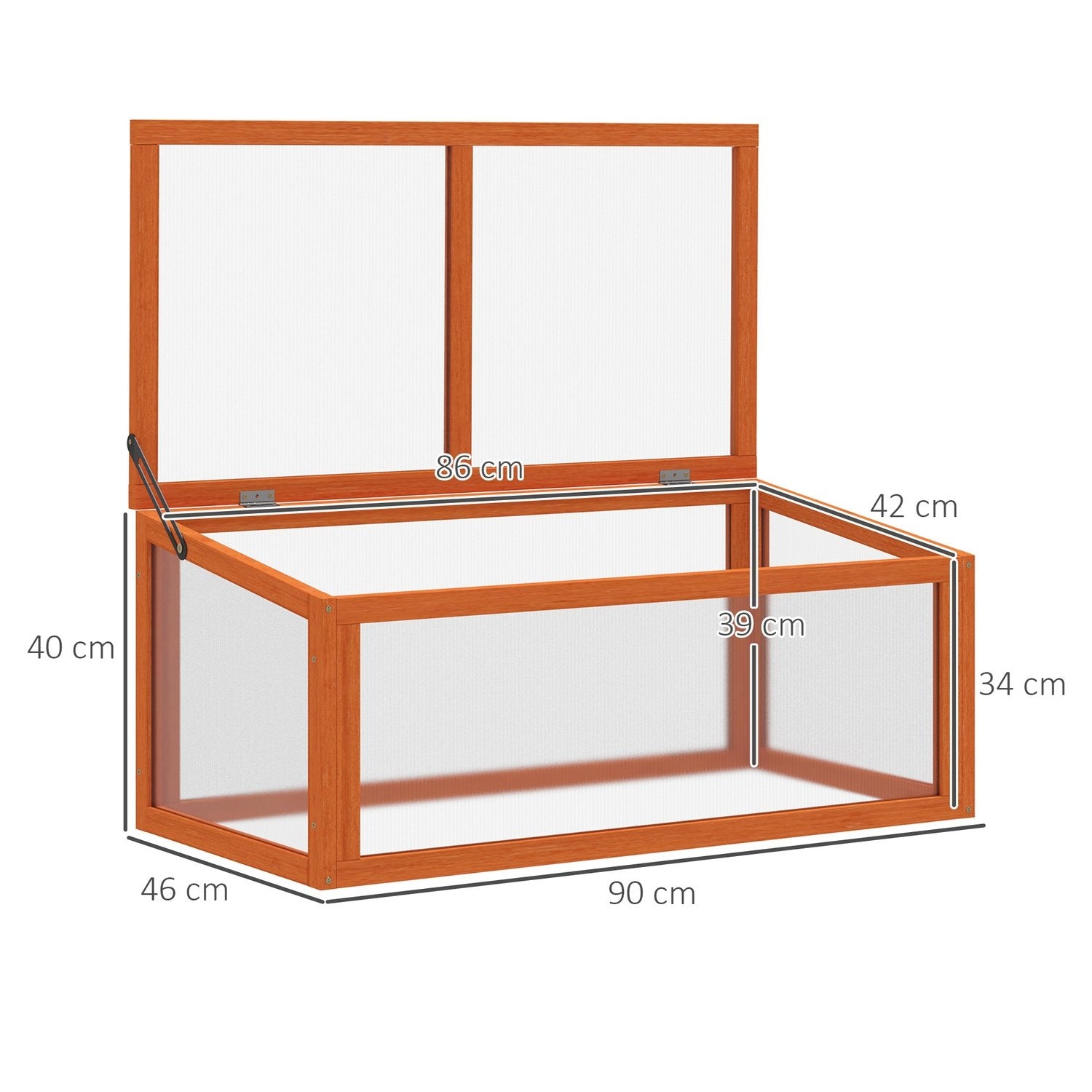 Drivhus med kold ramme med låg, vejrbestandigt, lavet af træ og polycarbonat, orange, 90X46X40Cm