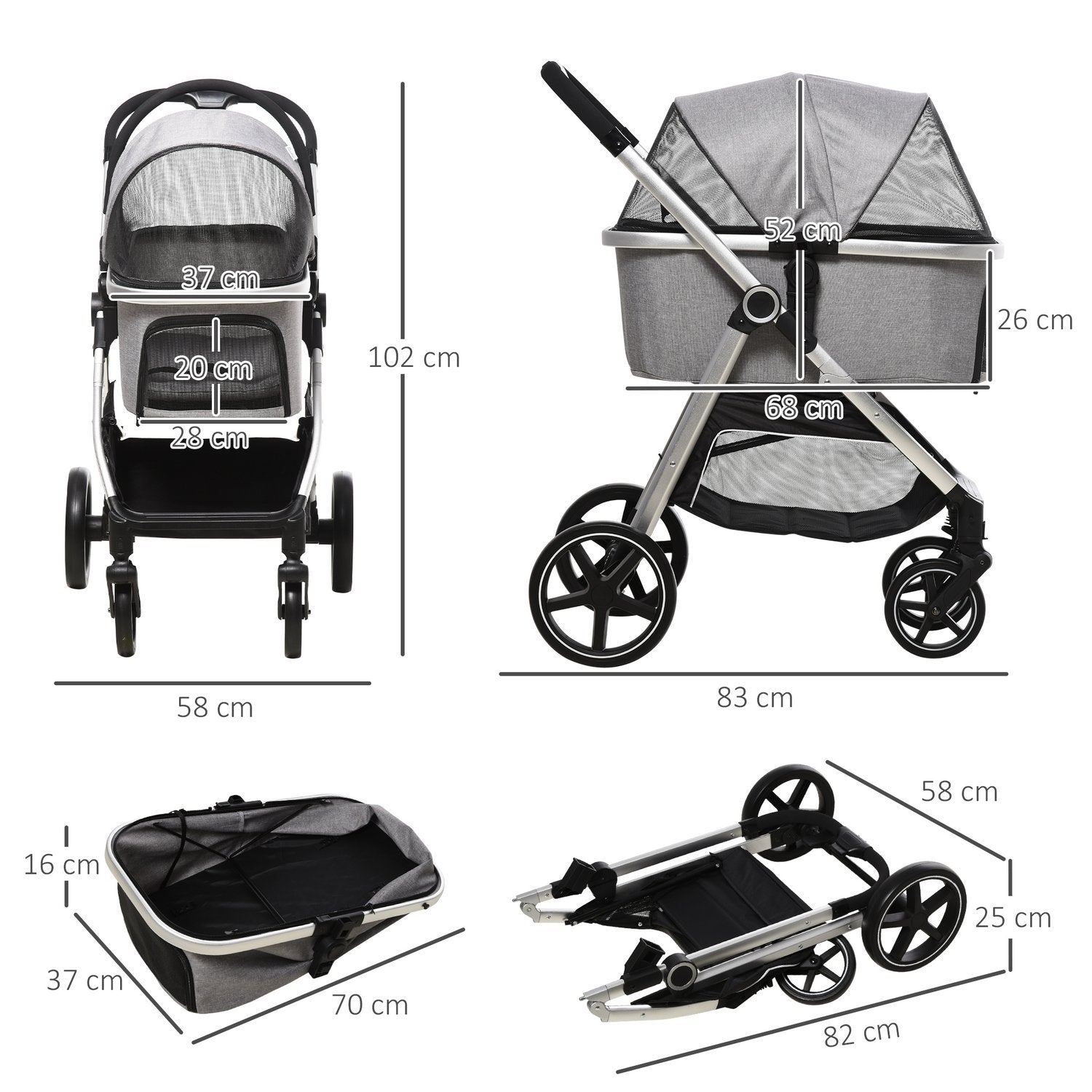 Dog Buggy 2-I-1 Hopfällbara Bromsar Mesh Fönster Säkerhetskoppel Ljusgrå Upp Till 15 Kg