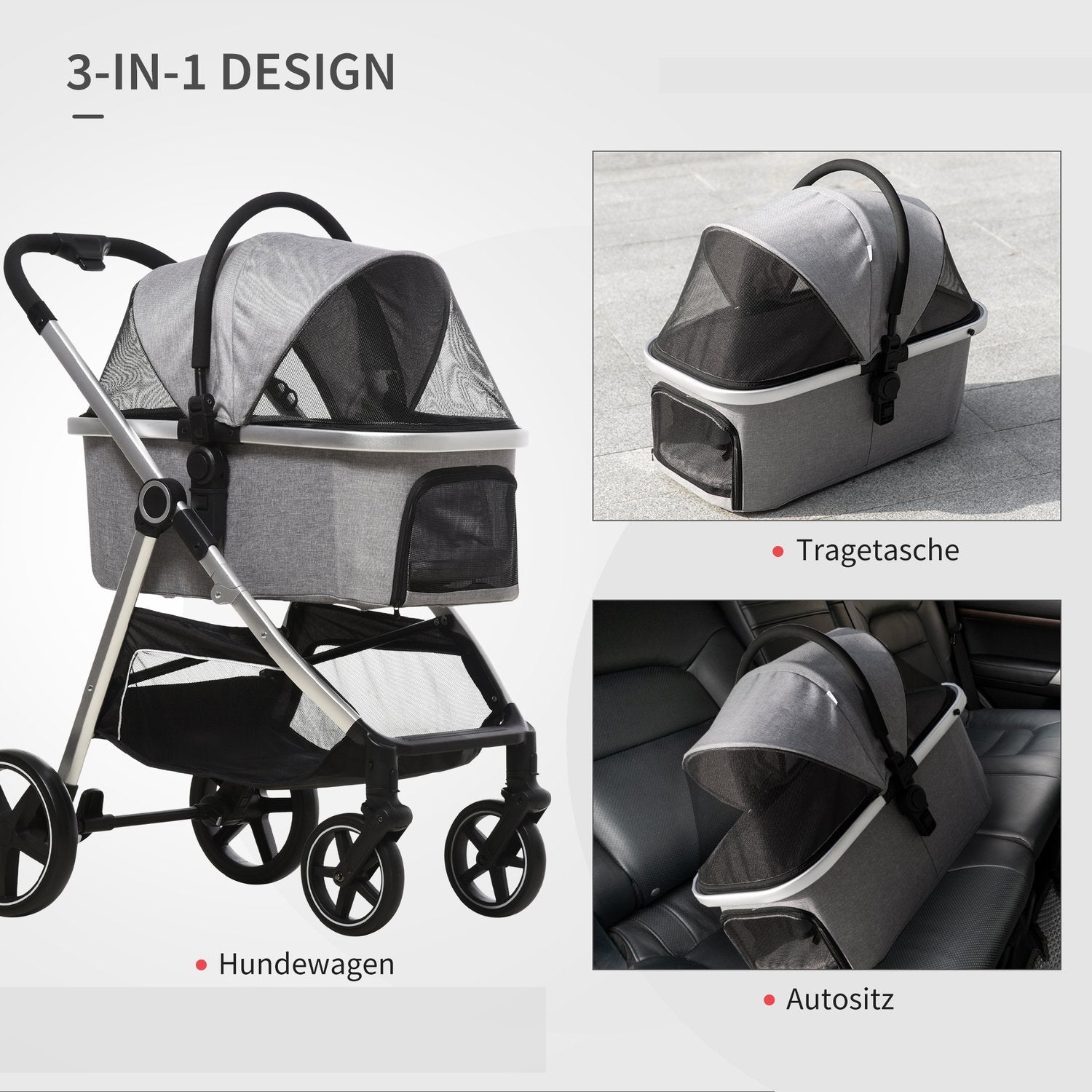 Dog Buggy 2-I-1 Hopfällbara Bromsar Mesh Fönster Säkerhetskoppel Ljusgrå Upp Till 15 Kg