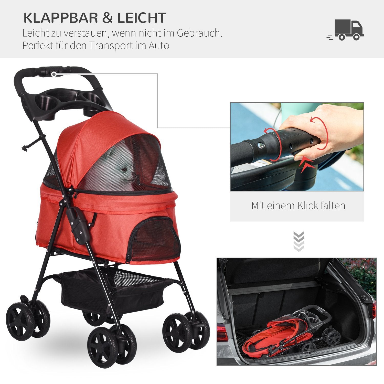 Dog Buggy Vikbar Oxford Röd 67X45X96Cm Små Hundar & Katter