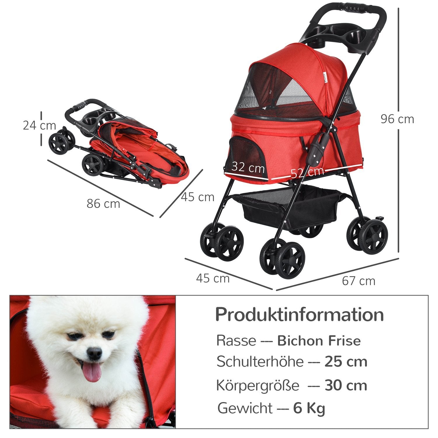 Dog Buggy Vikbar Oxford Röd 67X45X96Cm Små Hundar & Katter