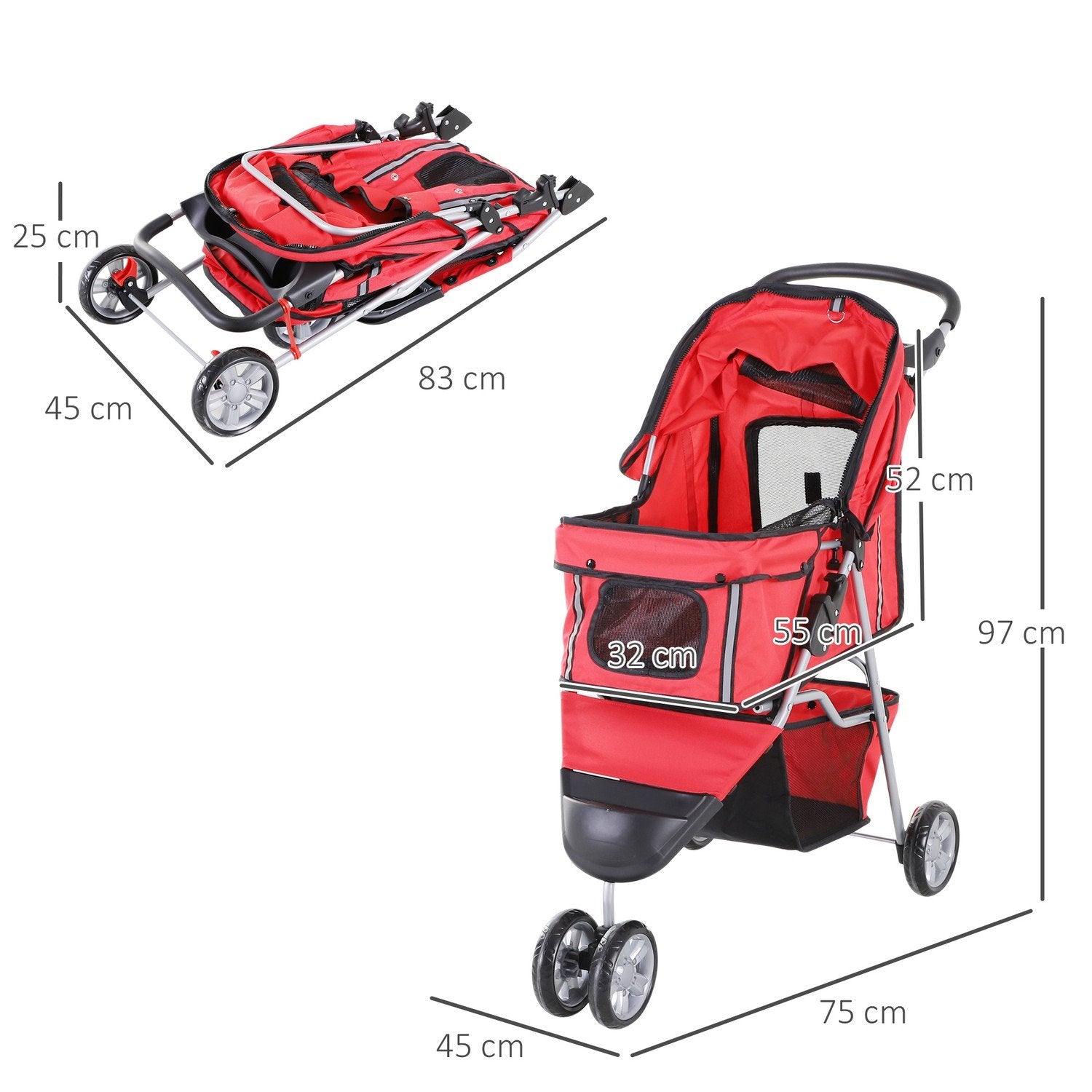 Hundvagn Flerfärgad Hundvagn För Promenader, Lätt Och Hopfällbar, För Hundar Och Katter, Röd