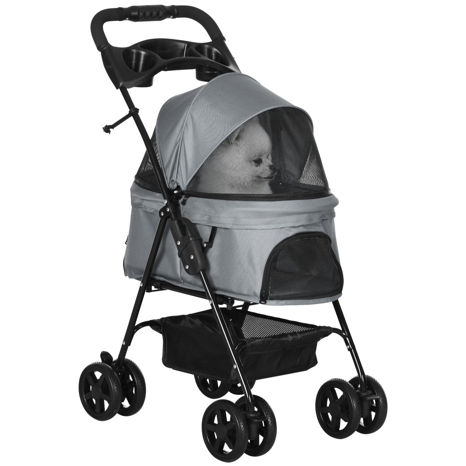 Dog Cart Hundvagn Med Hopfällbar Funktion Husdjursvagn För Små Hundar Och Katter Pet Cart Cat Buggy Oxford Grå 67 X 45 X 96 Cm