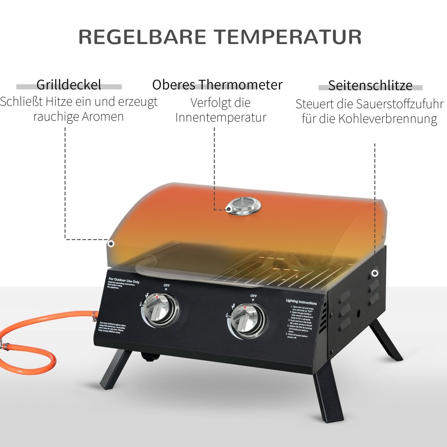 Bordsgrill Mobil Gasgrill Bbq Med 2 Brännare, Grillnät, Utomhus, Rostfritt Stål, Svart, 55X46,5X41Cm, Liten, Picknick