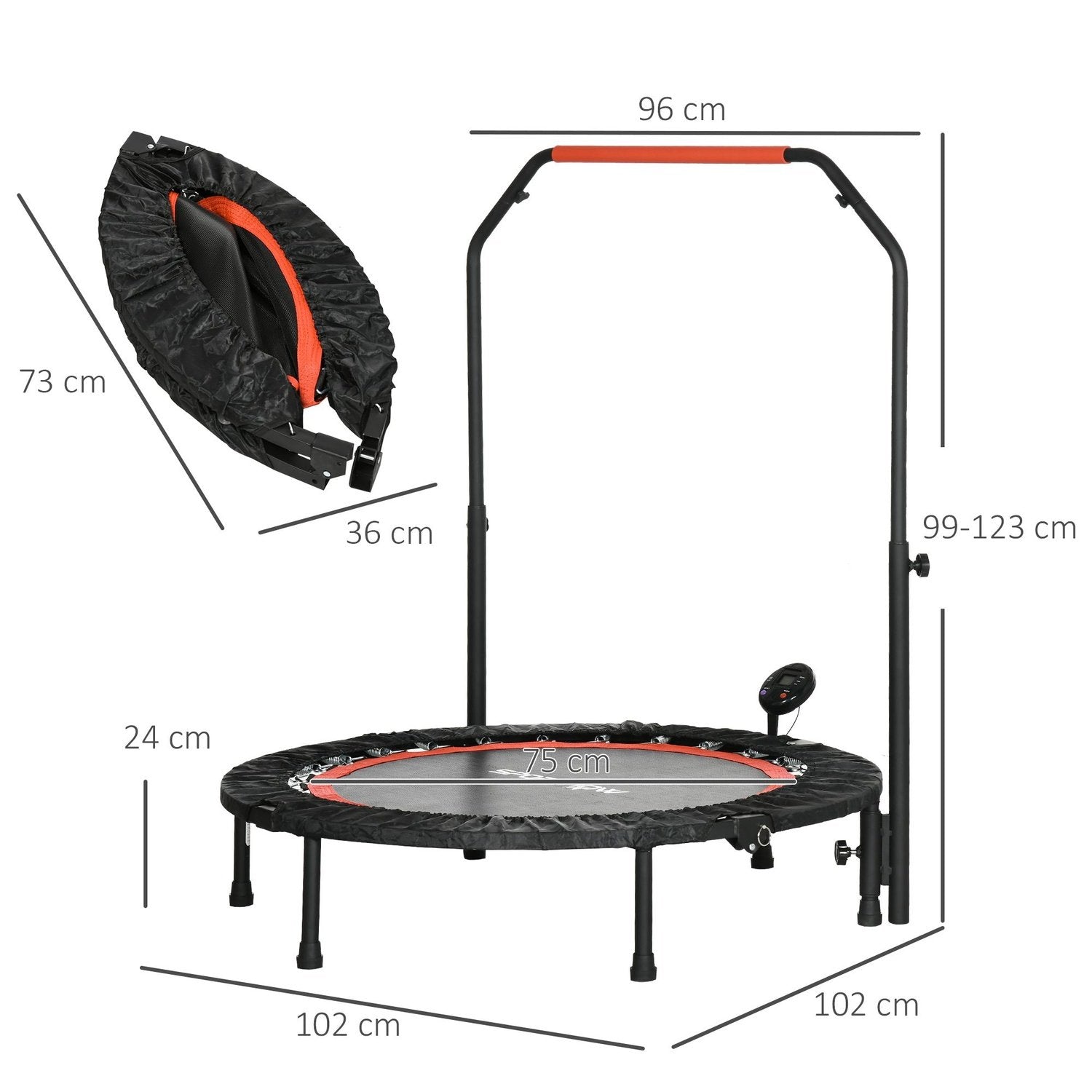 Mini trampolin LCD-skærm 102 cm Fitness trampolin med 4-vejs højdejusterbart håndtag op til 100 kg