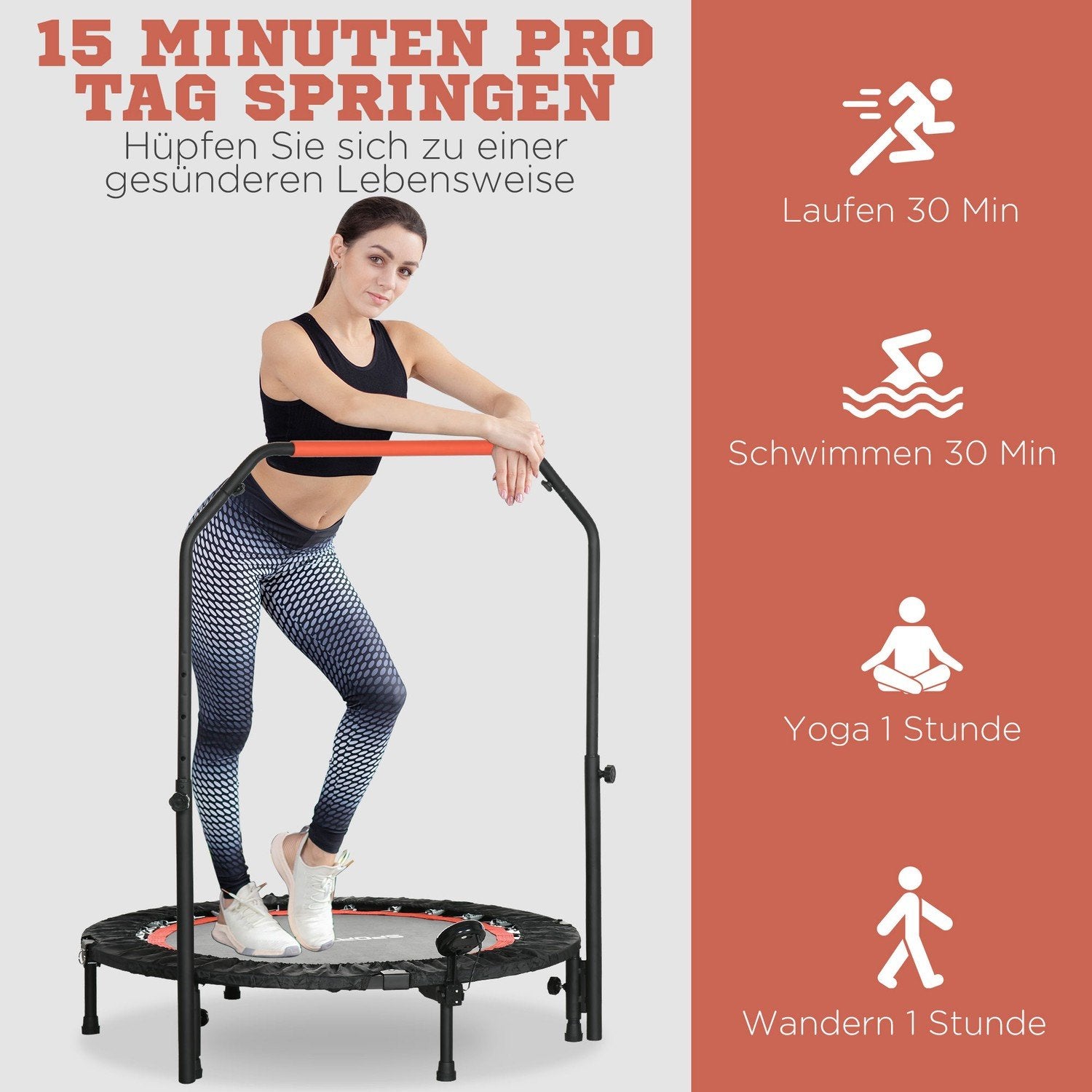 Mini trampolin LCD-skærm 102 cm Fitness trampolin med 4-vejs højdejusterbart håndtag op til 100 kg