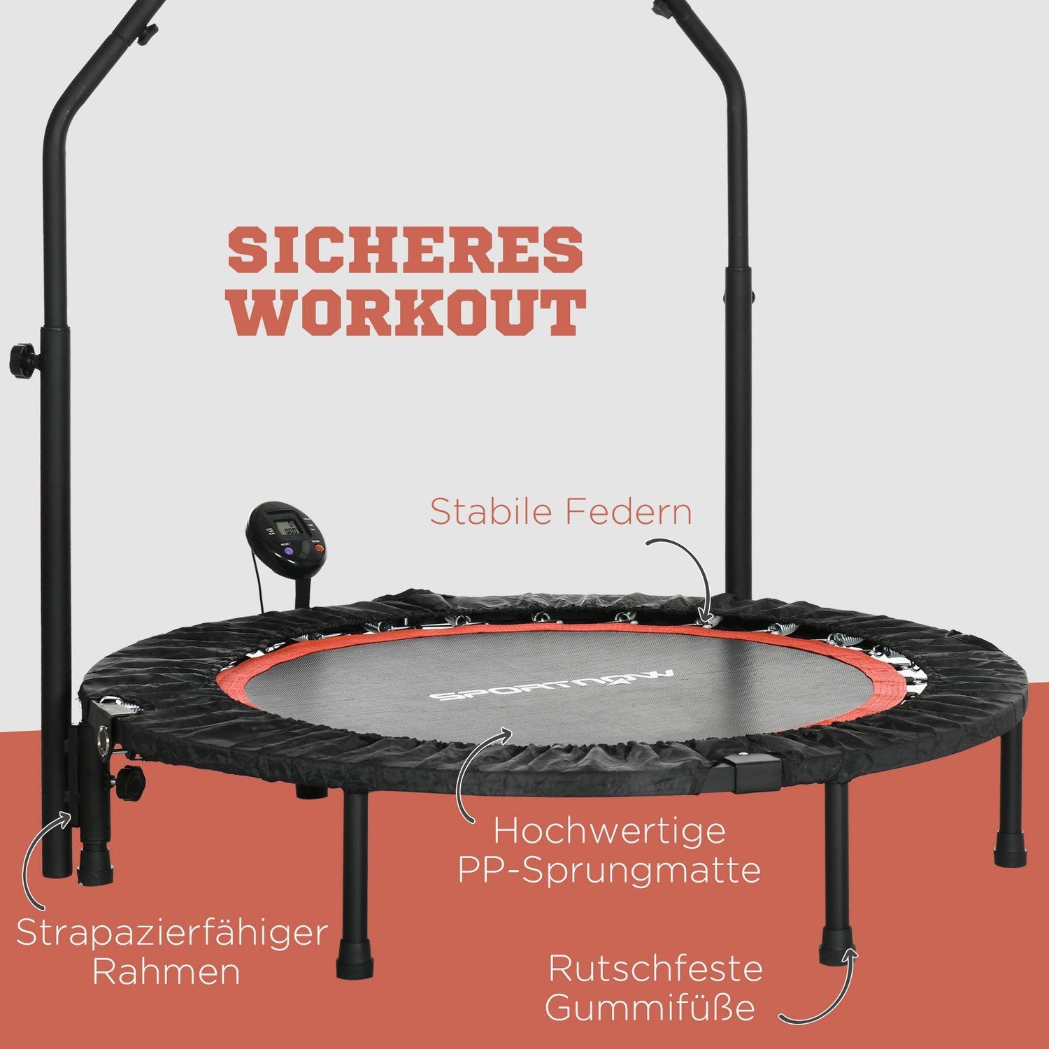 Mini trampolin LCD-skærm 102 cm Fitness trampolin med 4-vejs højdejusterbart håndtag op til 100 kg