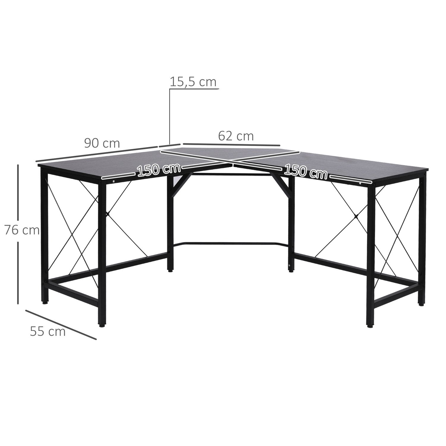 Computerbord L-Shape Hjørneskrivebord, Hjørneskrivebord, Mdf, Sort, 150X150X76Cm