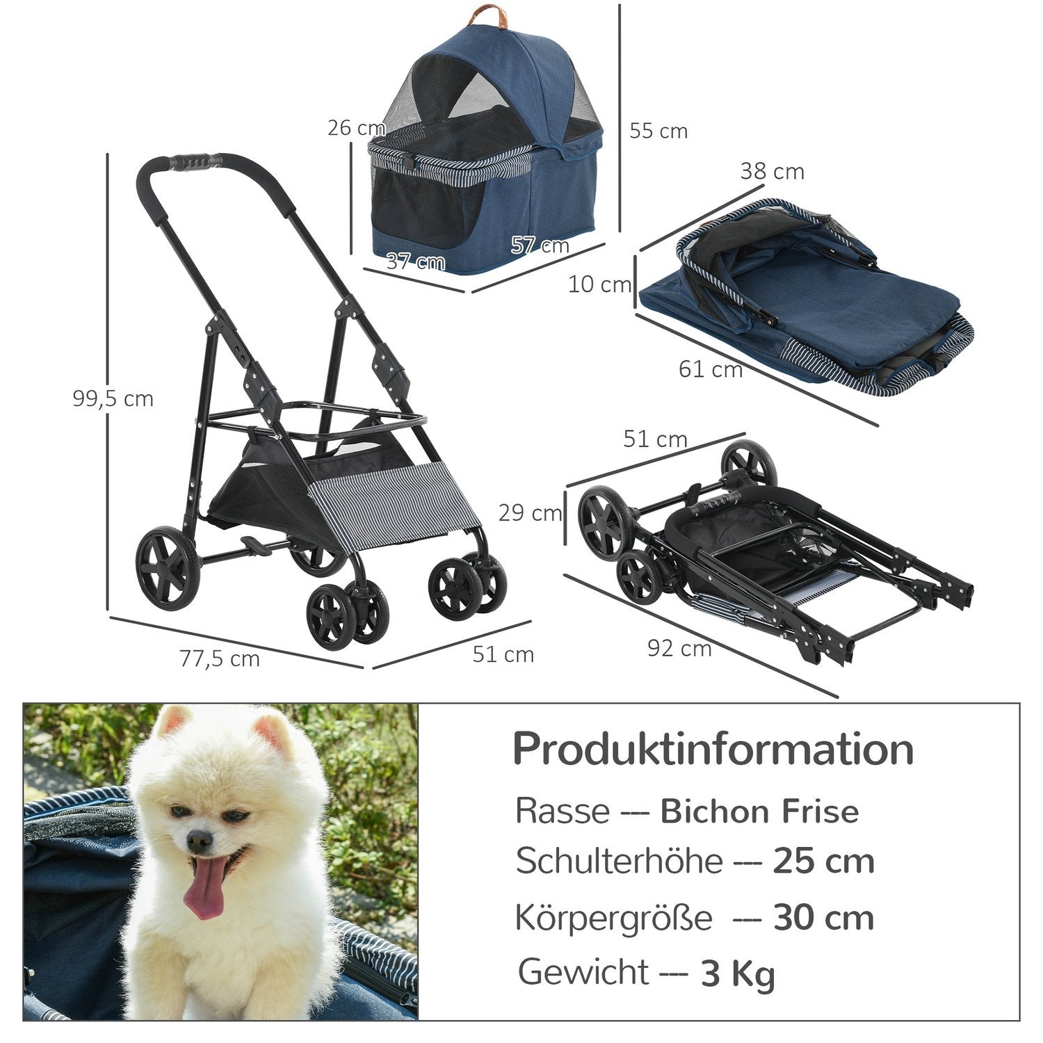 2-i-1 Hundeklapvogn Transporttaske Katteklapvogn med universalhjul Aftageligt betræk Oxford Mørkeblå + Sort 77,5 X 51 X 99,5 Cm