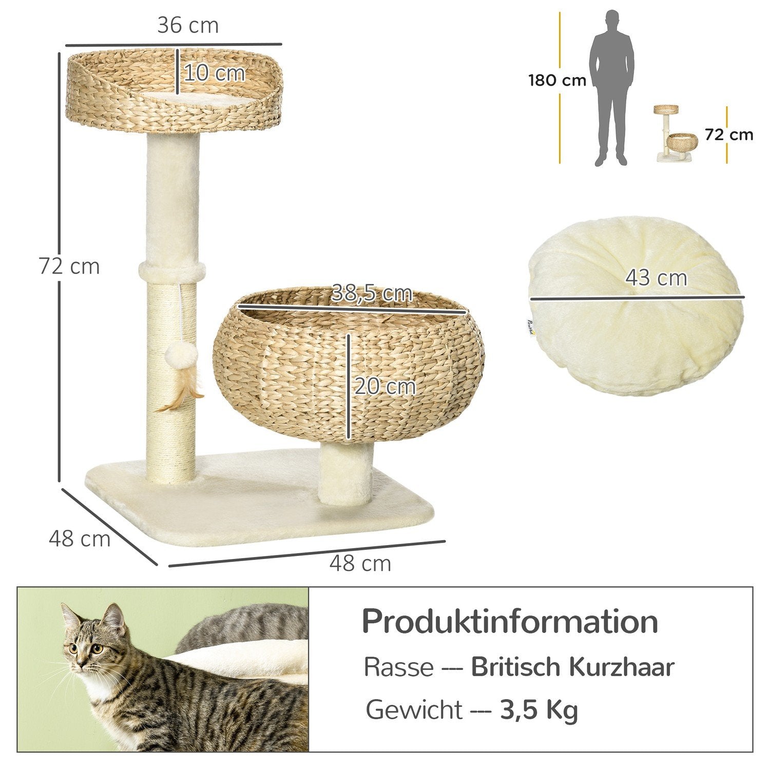 Kradsestolpe 72 cm højt klatretræ med 2 kattesenge &amp; legebold, sisal søjle, beige + cremehvid