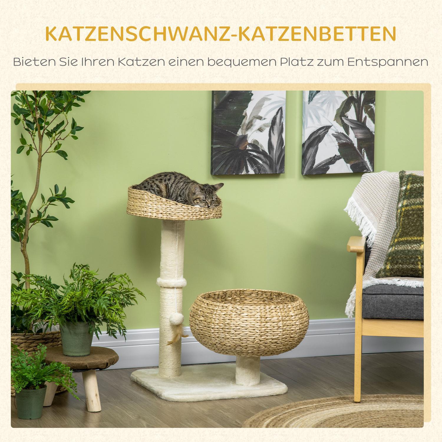 Kradsestolpe 72 cm højt klatretræ med 2 kattesenge &amp; legebold, sisal søjle, beige + cremehvid