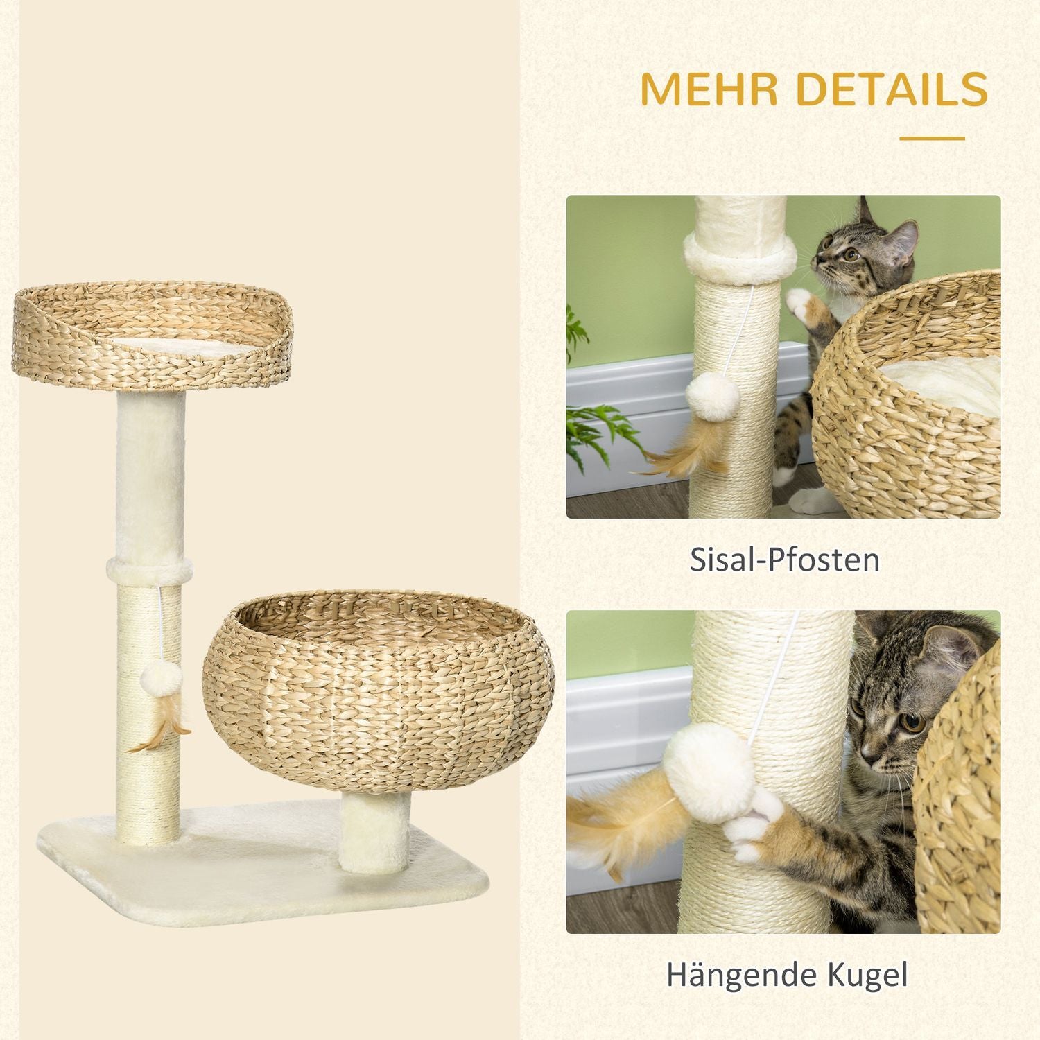 Kradsestolpe 72 cm højt klatretræ med 2 kattesenge &amp; legebold, sisal søjle, beige + cremehvid