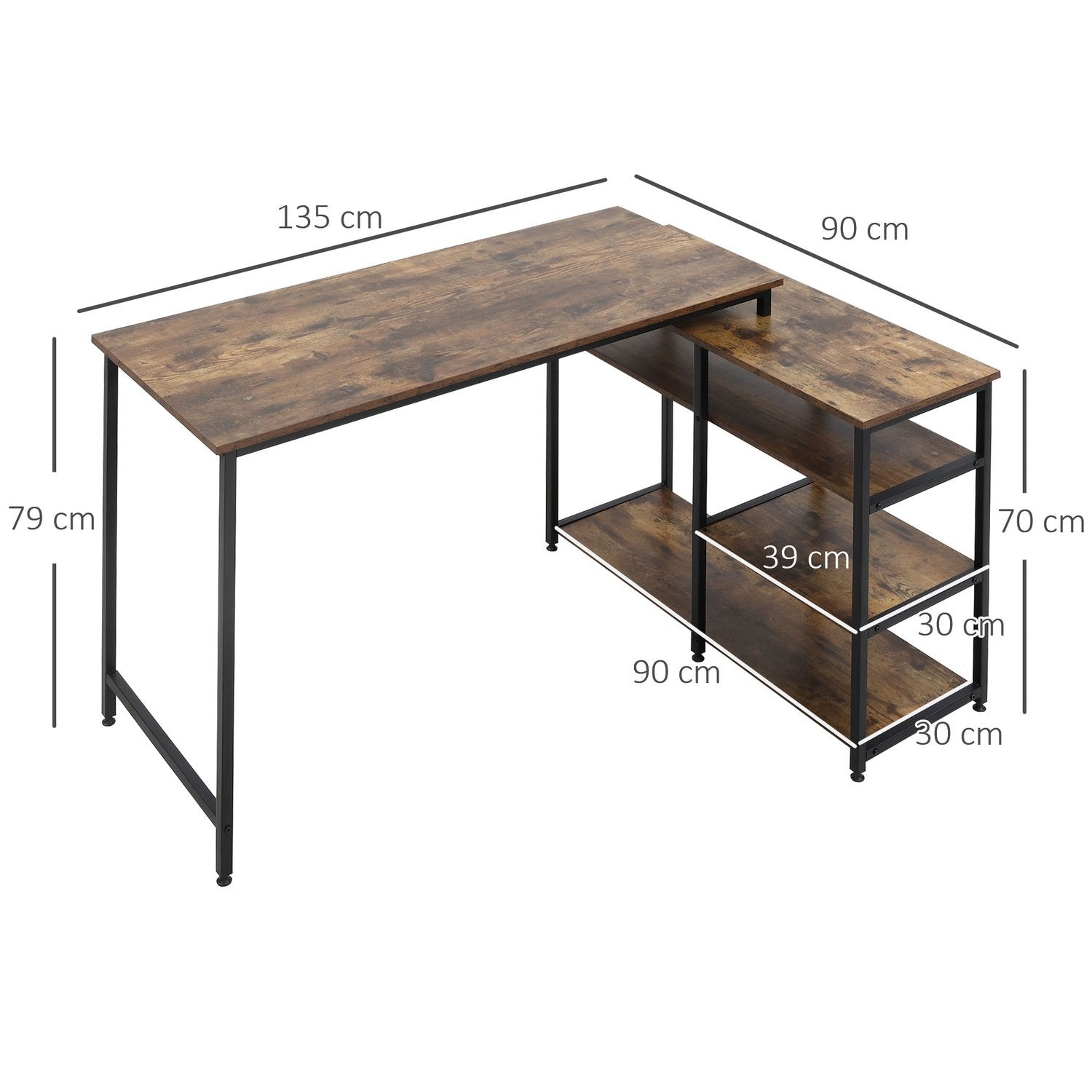 Hjørneskrivebord, L-formet pc-bord med hylde og skuffe, kontorbord, spånplade metal, rustik brun, 135X90X79Cm