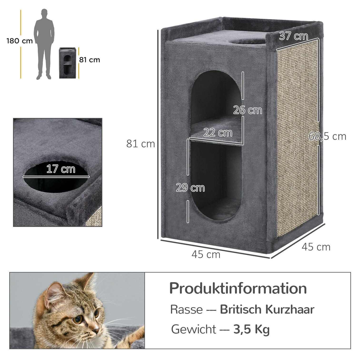 Kradbeløb 81 Cm Robust kattekradsestolpe med 2 huler, kradsestolpe, 2 niveauer til katte op til 6 kg i mørkegrå